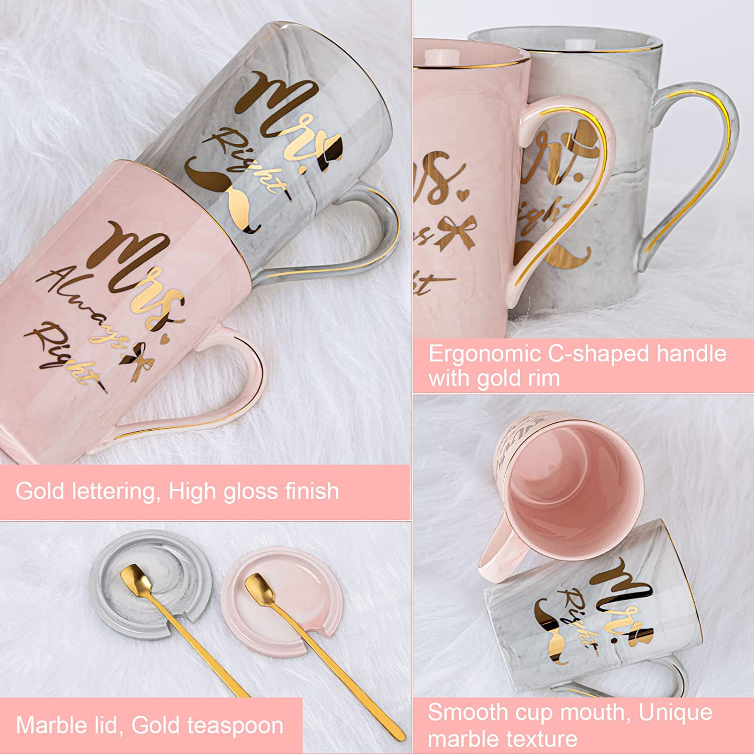 ALBISS Mr Right Mrs Always Right Couple Coffee Mugs Cups - Bridal Shower Wedding Anniversary Valentines Day Gift - Bride and Groom Newlyweds Married Couples Ceramic Marble Cups Set, 14Oz Pink & Grey&hellip;