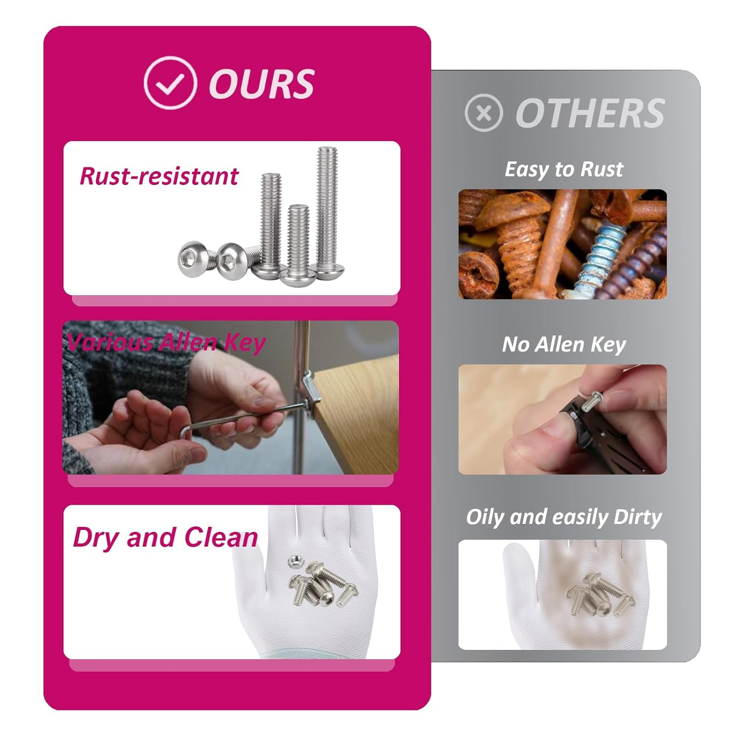 Fullfun 510PCS M3 M4 M5 Button Head Socket Cap Screw Bolts Nuts Assortment Kit, 304 Stainless Steel Metric Screws with 3PCS Allen Wrenches, Allen Socket Hex Drive Machine Screws Set image number 2