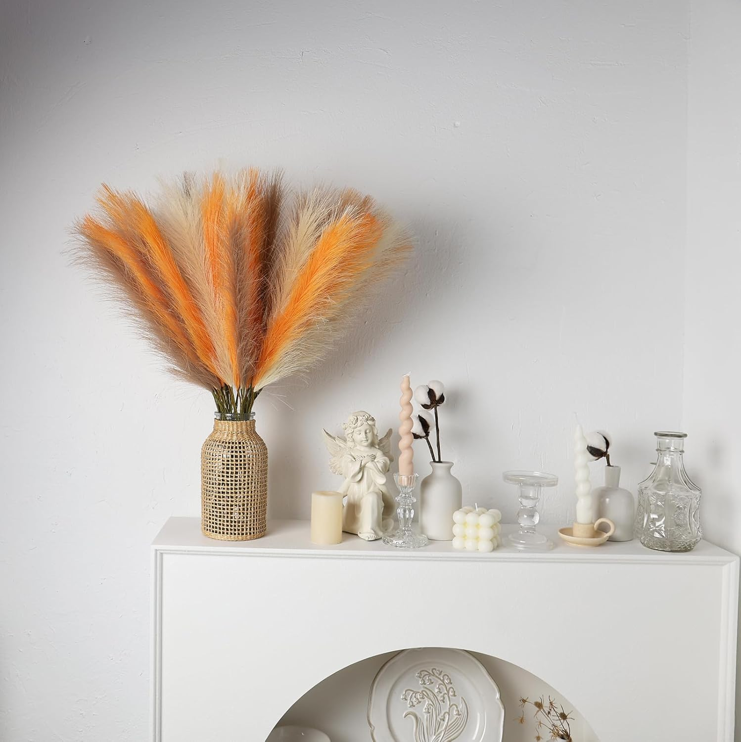 LSKYTOP Orange Pampas Grass Decor,23Inch 12Pcs Faux Pampas Grass Bouquets Artificial Pampas Fake Pampas Flower for Home Living Room Bedroom Vase Decor image number 2