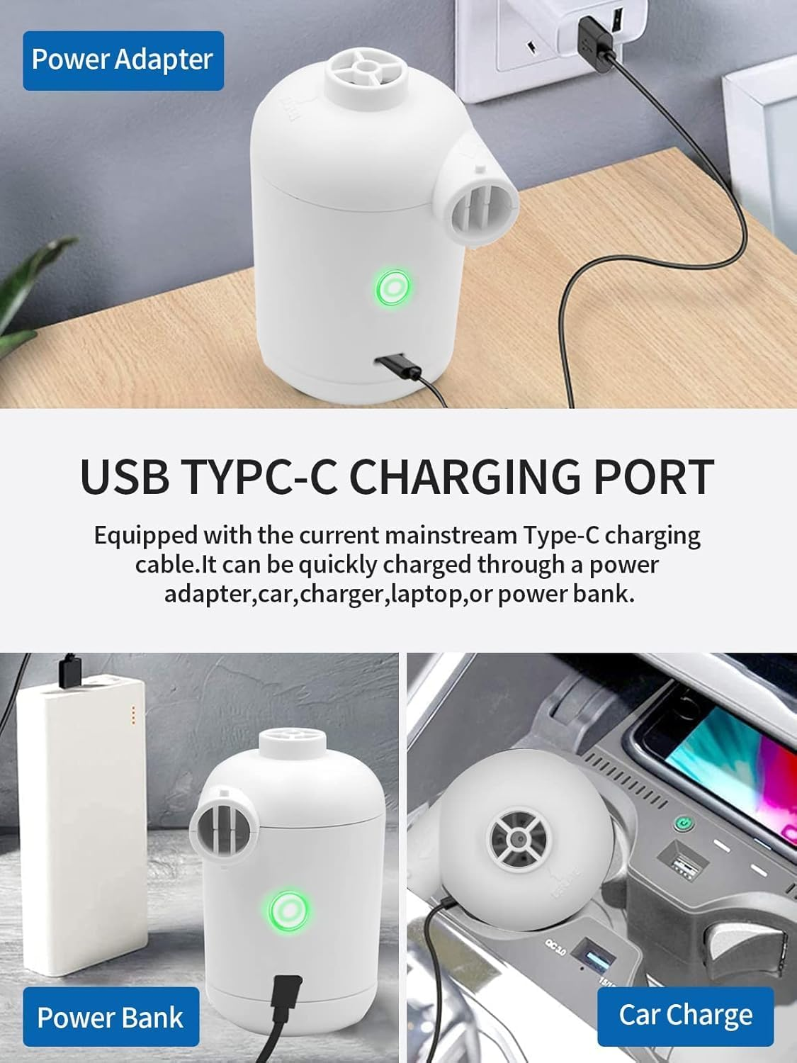 B-Qtech Electric Mini Air Pump for Inflatables, Rechargeable Portable USB Electric Air Pumps Quick Inflator and Deflator Pump, 4 Nozzles for Mattress Outdoor Camping Pool Boat Type C Charging image number 2