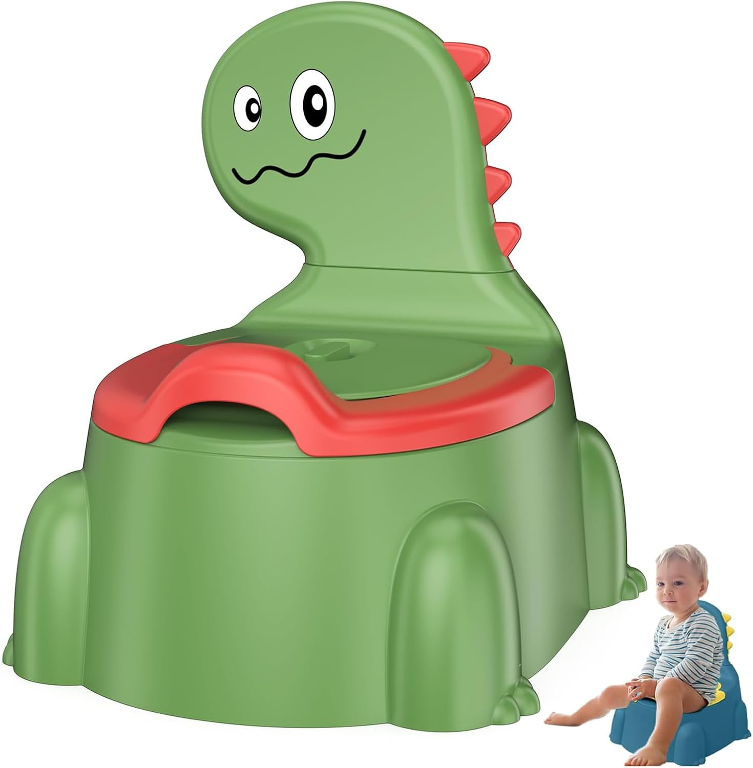 LEFAFA Travel Potty Toilet for Toddler, Dinosaur Design Potty Training Toilet Seat, Portable Toilet with Lid and Non-Slip Rubber Mat Backrest for Boys Girls Kids Toddler Children (Green)