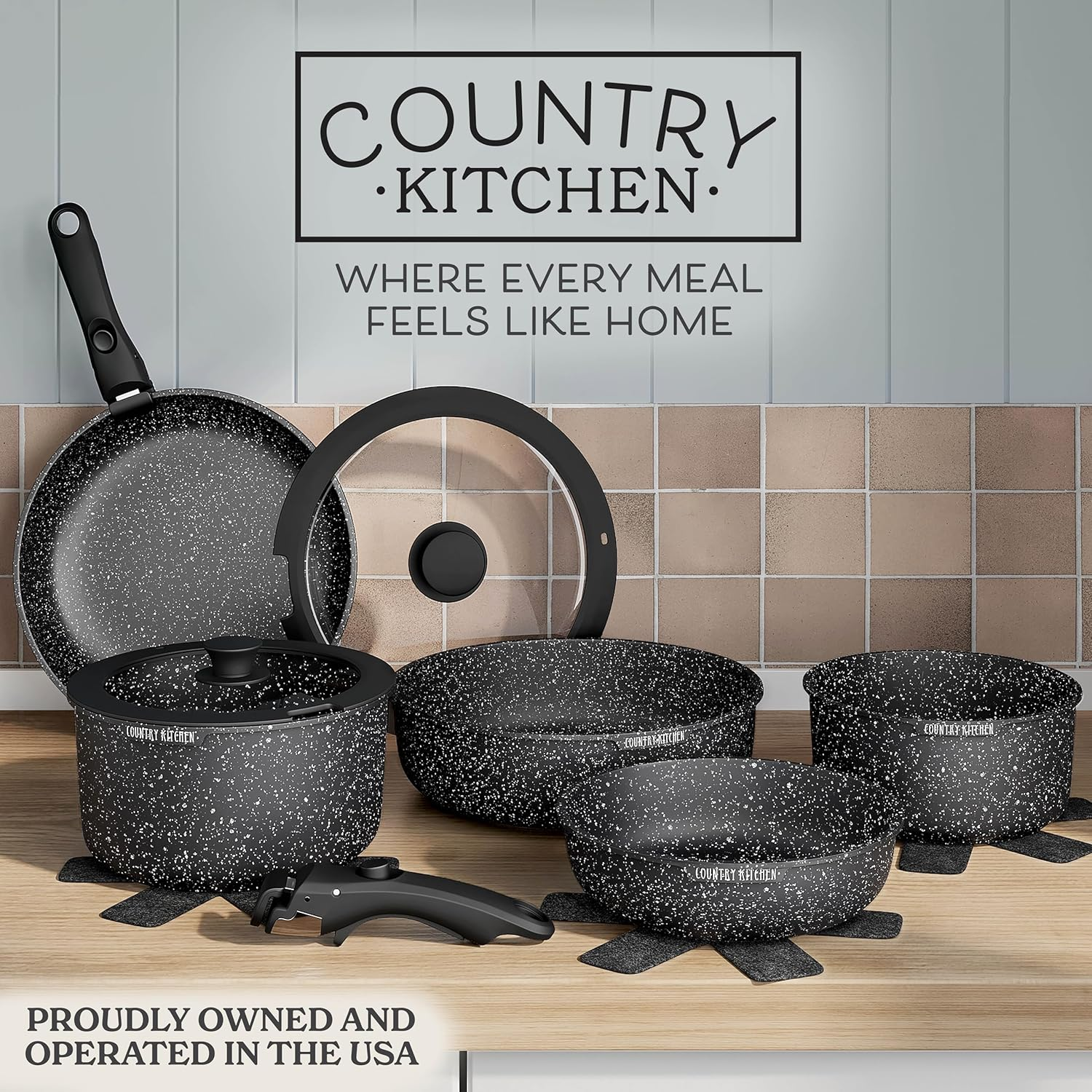 Country Kitchen 13 Piece Pots and Pans Set - Safe Nonstick Cookware Set Detachable Handle, Kitchen Cookware with Removable Handle, RV Cookware, Oven Safe (Black) image number 3