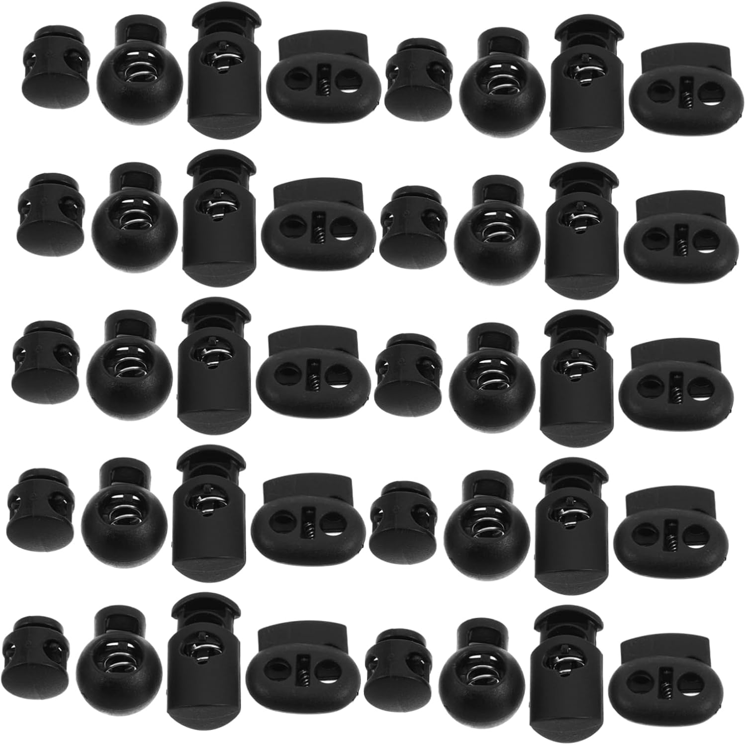 GARIOUANS 52 Pcs Black Plastic Shoelace Locks and Spring Loaded Toggle Buttons, Single and Double Hole Drawstring Cord Locks for Outdoor Gear and Luggage, Elastic Rope Stoppers for Camping and Travel