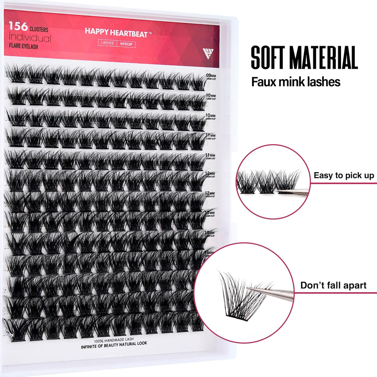 Individual Lashes M1 Dramatic Eyelash Extension 9-16Mm C Curl Soft Faux Mink Lashes Clusters C/D Curl Individual Lashes Extensions DIY Clusters Lashes -Happy Heartbeat(M1-0.07, C-9-16-MIX) image number 2