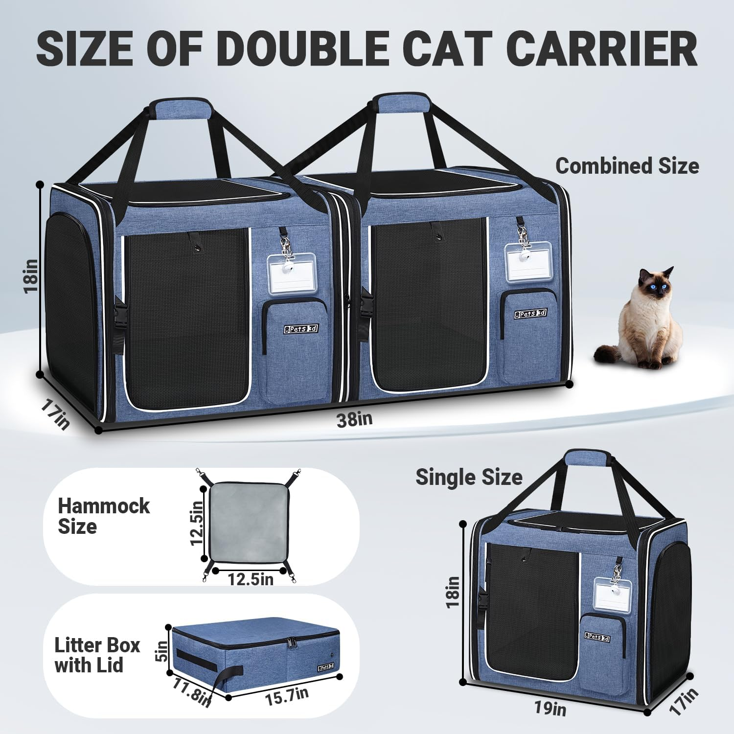 Petskd 2 in 1 Double Cat Car Travel Carrier with Litter Box, 38"X17"X18" Portable Dual Extra Large Cat Carrier for Multiple Cats with Zipper Locks for Moving across the Country image number 2