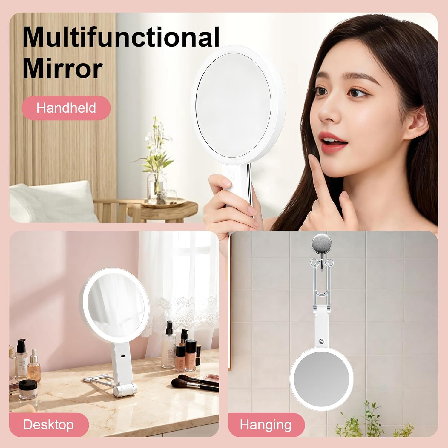 TARSHYRY LED Lighted Makeup Mirror Tabletop, Handheld Magnifying Makeup Mirror, Double Sided 30X/1X LED USB Rechargeable 3 Color Temperature, Foldable for Travel (White) image number 6