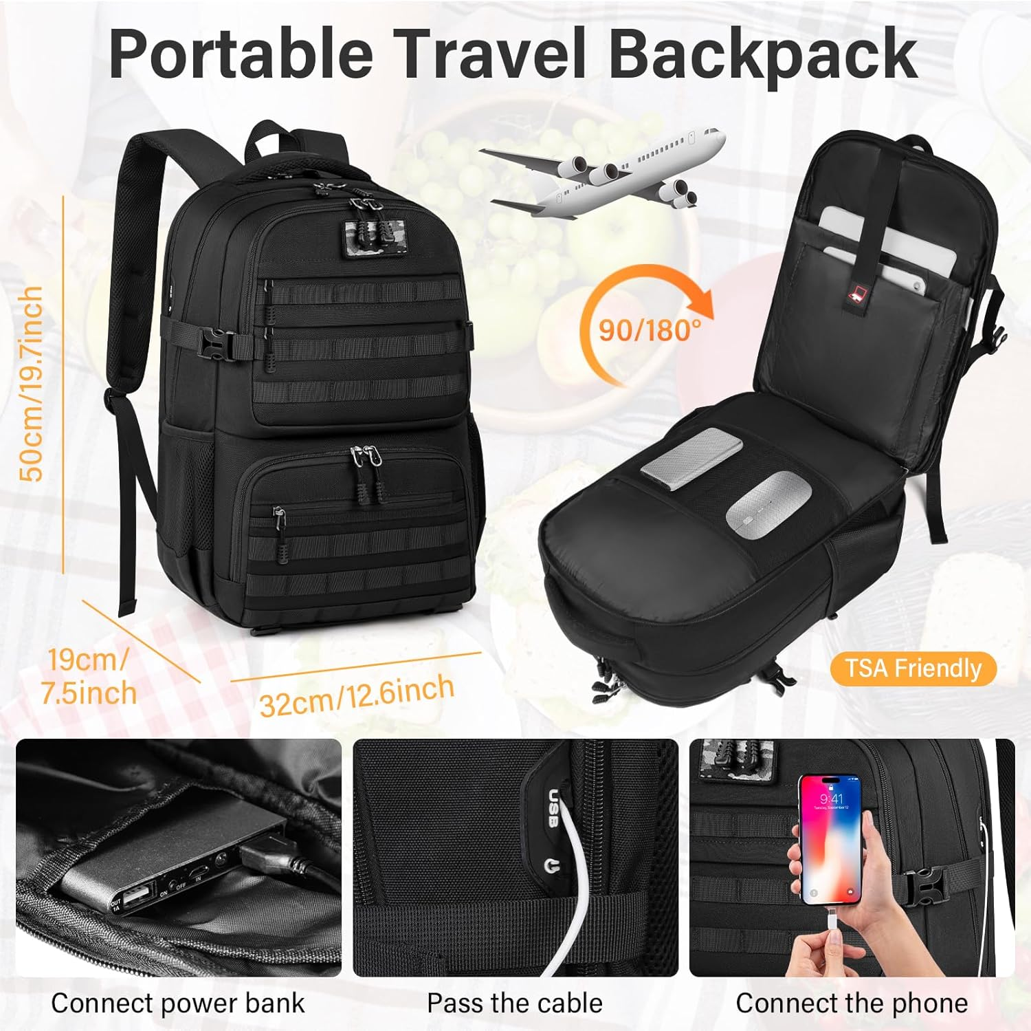 Lunch Backpack for Men & Women 17.3 Inch Laptop Backpack with USB Charging Port Waterproof Tactical Work Backpack with Insulated Lunch Bag for Travel, College, Business with MOLLE Design image number 2