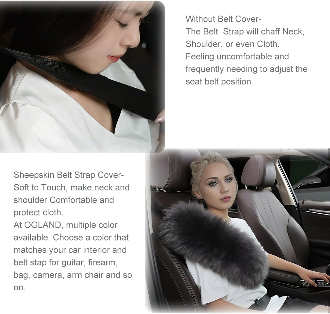 OGLAND 13.4Inch Big Plush Soft Wool Sheepskin Seat Belt Covers, Fluffy Seatbelt Pads for Pacemaker Adults Kids Women Universal Car Cushions,1 Pack Dark Red image number 7