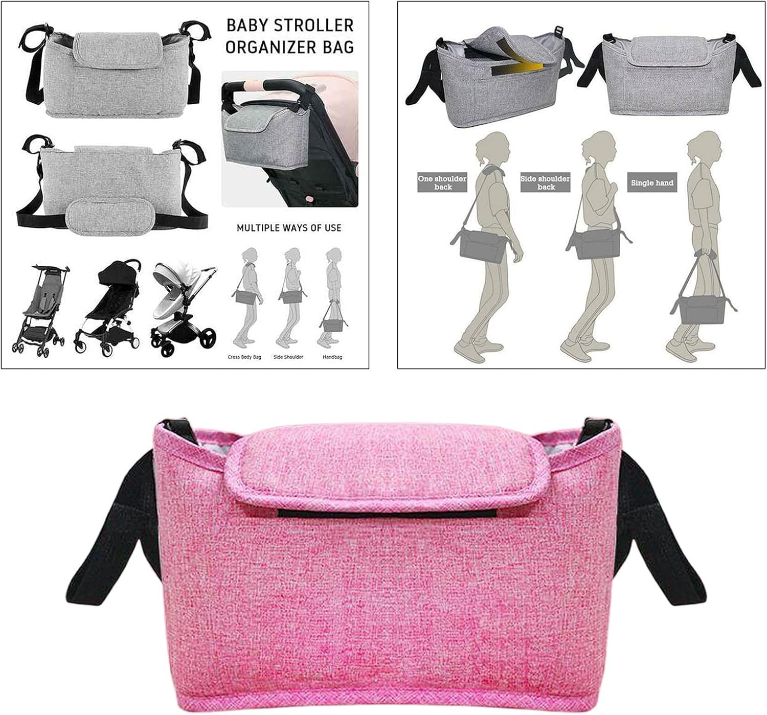 Shamjina Organizer Bag Large Capacity Pram Handle Storage Bag Diaper Bag - Pink, 30X17X12Cm - Pink image number 6