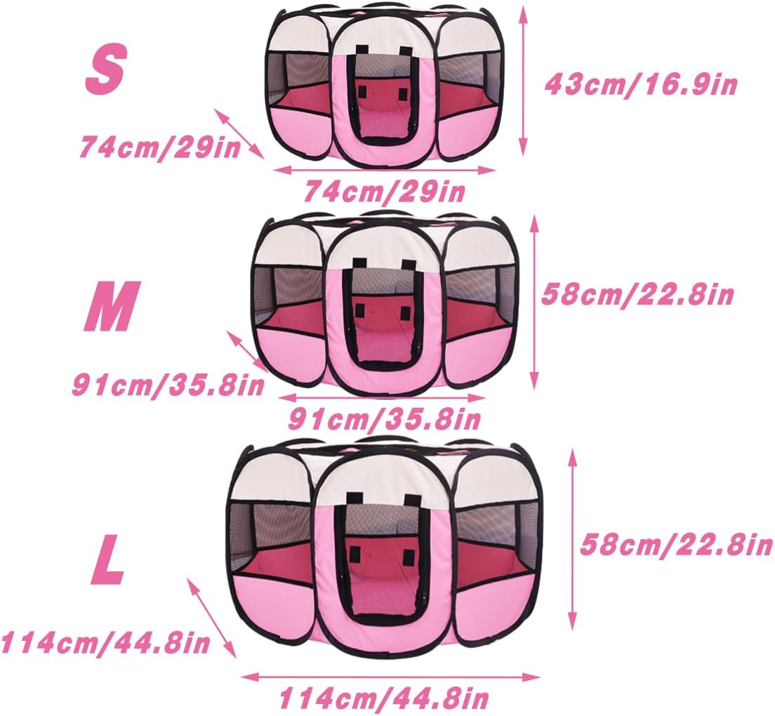 AIMALL Portable Pet Fence, Indoor Dog Tent, Octagonal Collapsible Cat and Dog Kennel, Transparent Mesh Playpen, Foldable, 29-44.8 Inches, Coffee/Pink image number 4