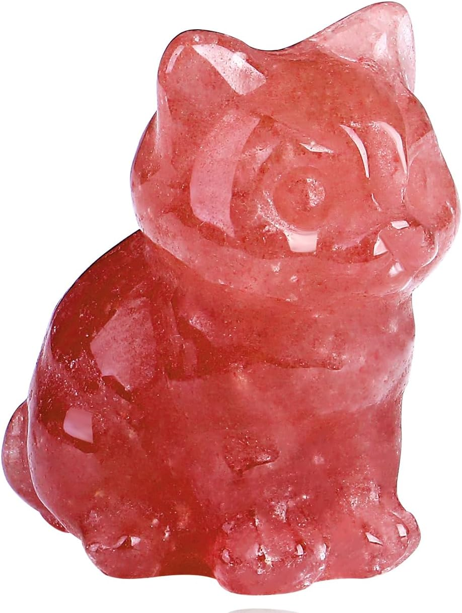 QINJIEJIE Strawberry Quartz Cat Crystals Figurines Carved Stone Healing Crystal Gemstone Sculpture Home Office Decoration Sitting Cat Statue Gifts for Women image number 4