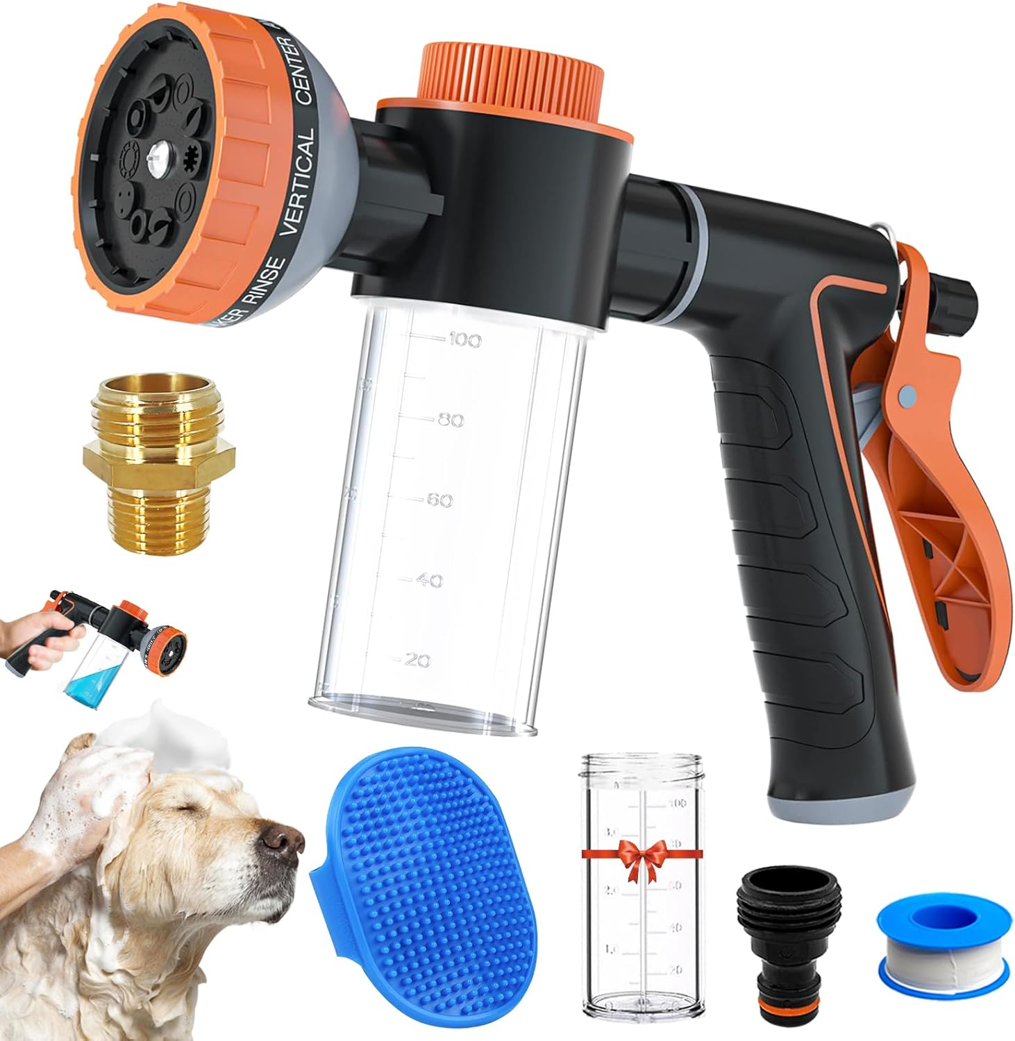 Dog Shower Attachment Sprayer Nozzle with 3/4" GHT Male X 1/2" NPT Male Connector for Garden Hose Wash with Soap Dispenser Hose Shampoo Nozzle for Indoor Outdoor Pet Pup