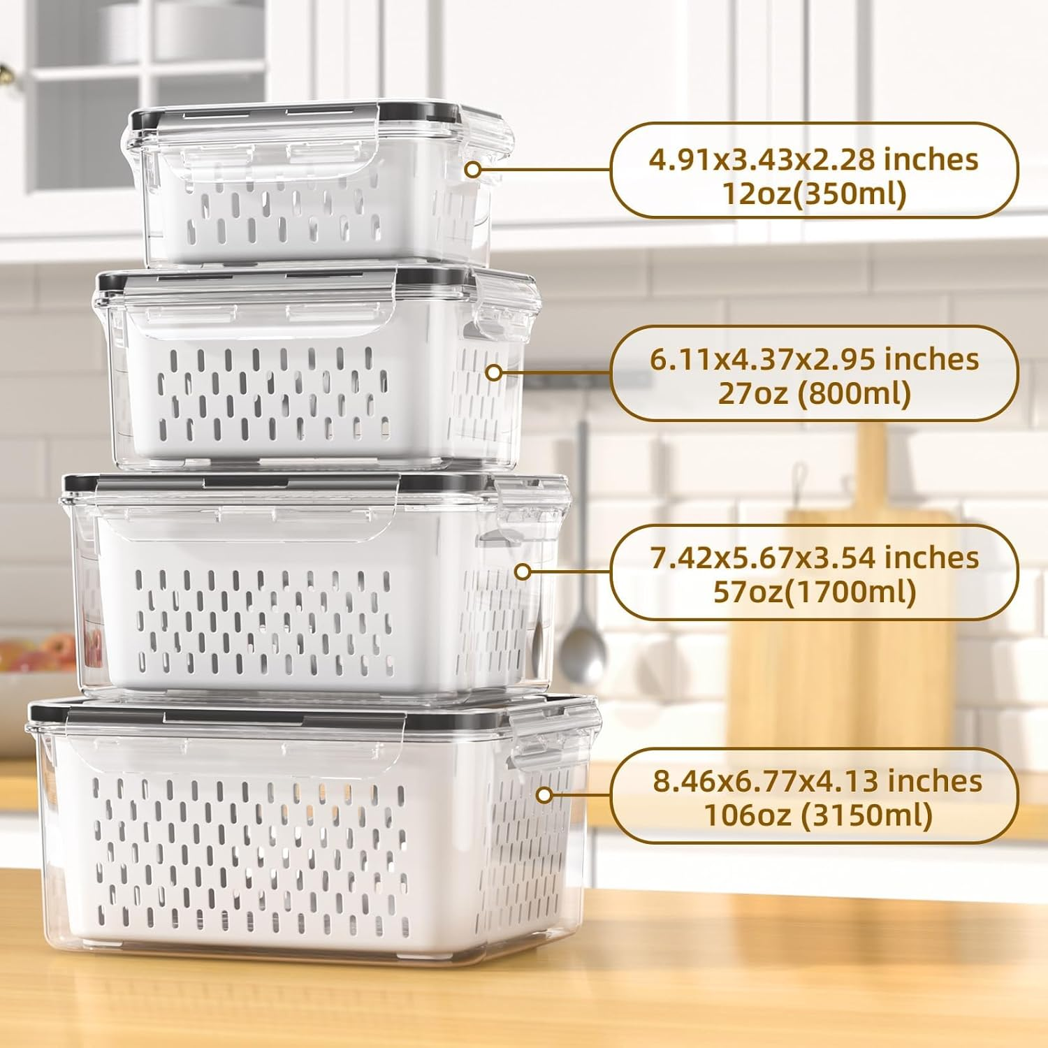 Fruit Storage Containers, 4 PCS Vegetable Container for Fridge with Removable Colanders, Freezer-Sealed Drained Fruit Containers for Fridge, Keep Fruit Fresh and Dishwasher Safe, Food-Grade image number 2