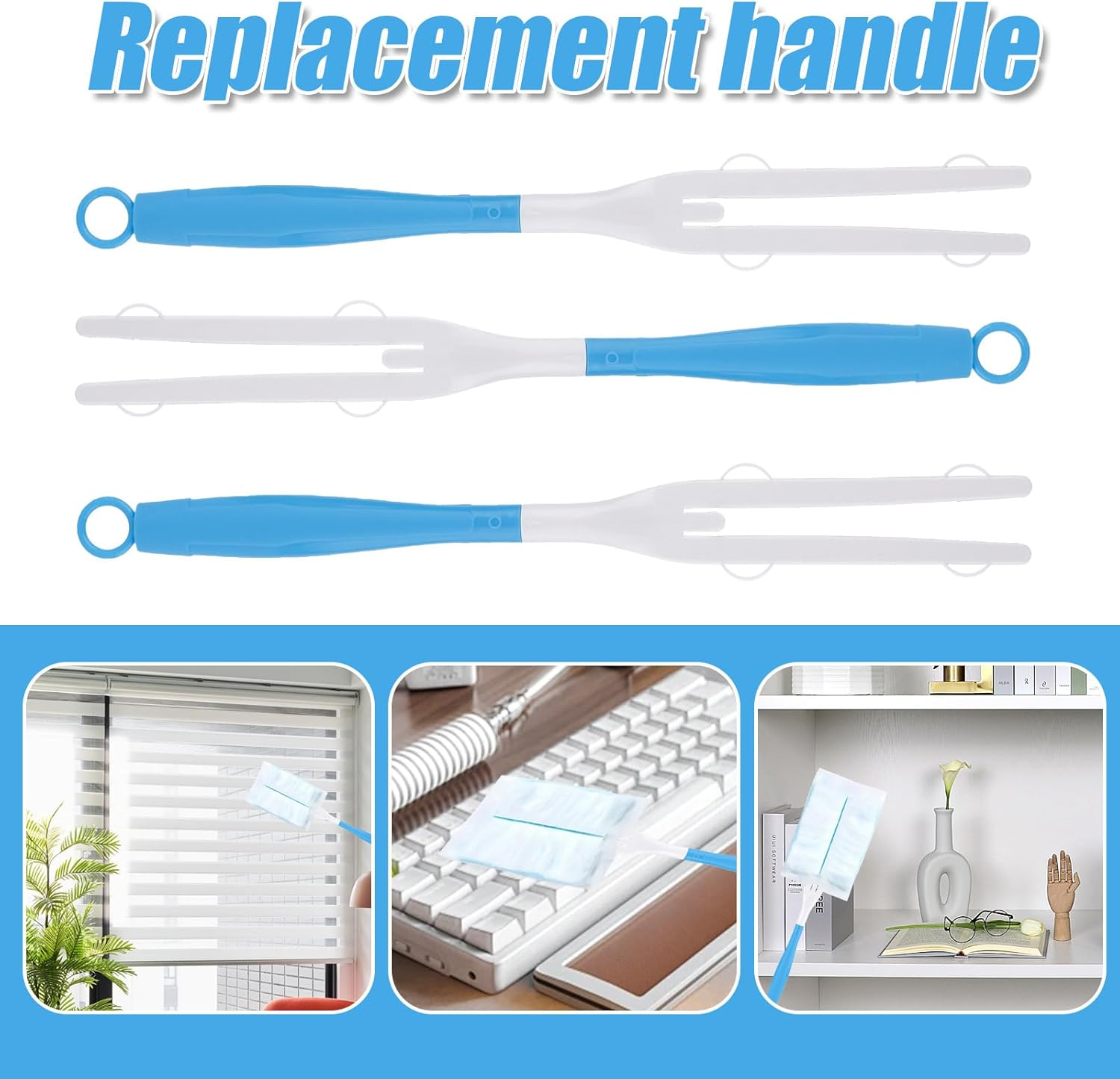 3Pcs Duster Handle, Plastic Replacement Detachable Dust Handle Mop Extended Handle Compatible with Duster Mop Extension Handles (Blue,White) image number 4