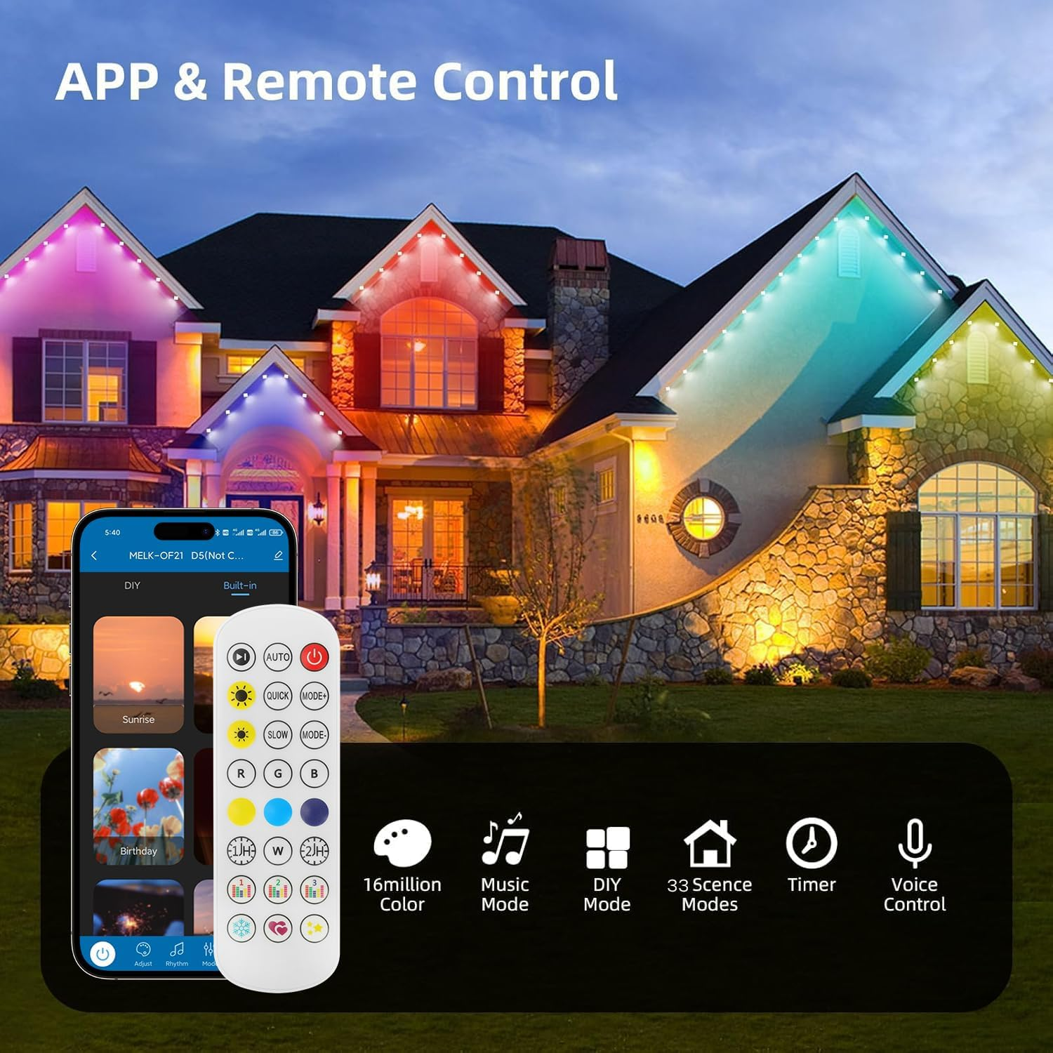 TONGLIN Permanent String Lights Outdoor, 30 Meter Smart RGB Outdoor Lights Decor with 60 Leds, App and Remote Control, IP67 Waterproof, House Roof Outdoor Lighting for Party, Garden, Valentine'S Day image number 2