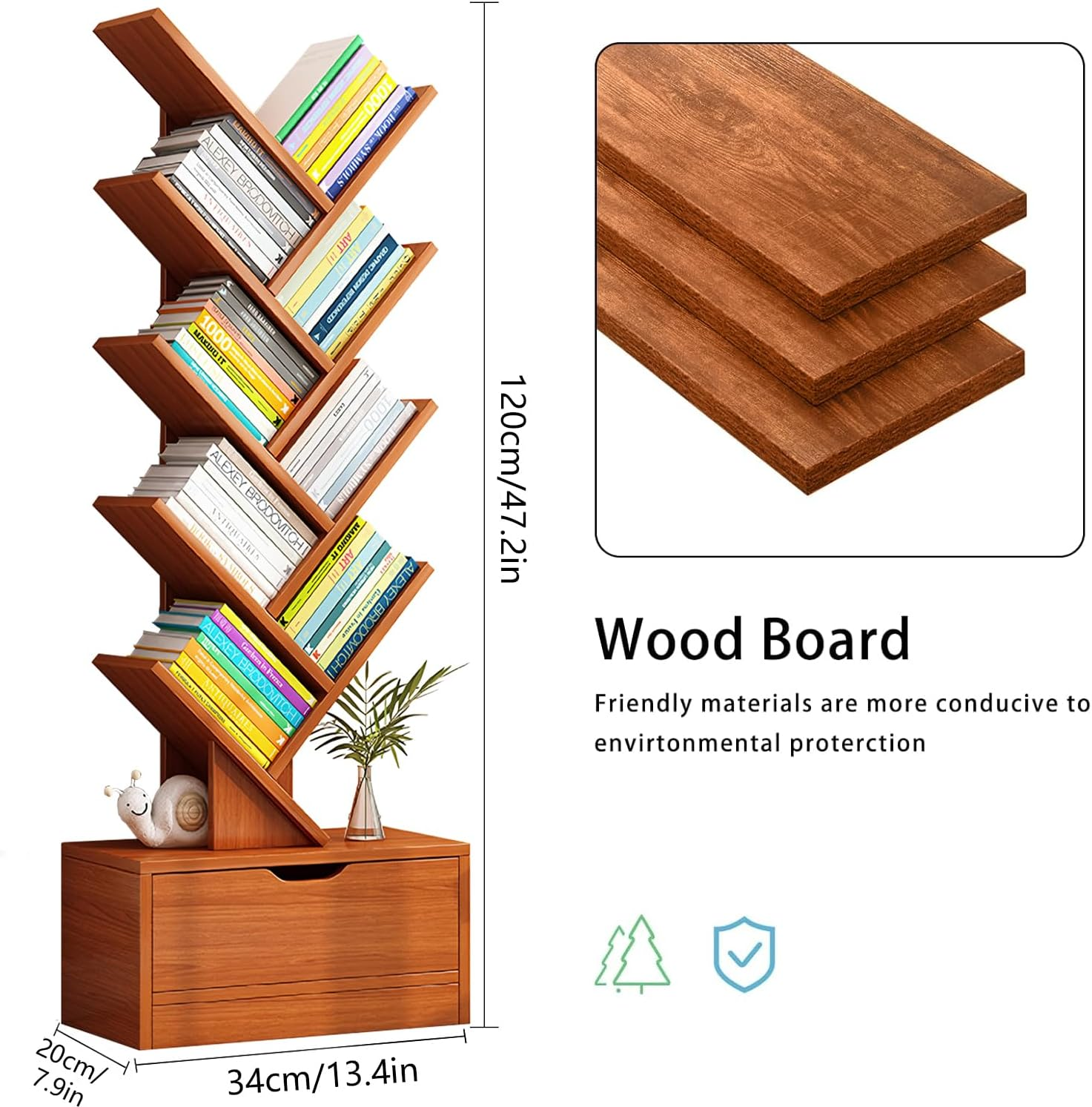 10 Tier Tree Bookshelf with Drawer,Floor Standing Bookshelf, Tall Wood Book Storage Rack with Anti-Fall Device and Heightened Baseand, for Living Room, Bedroom, Office image number 5