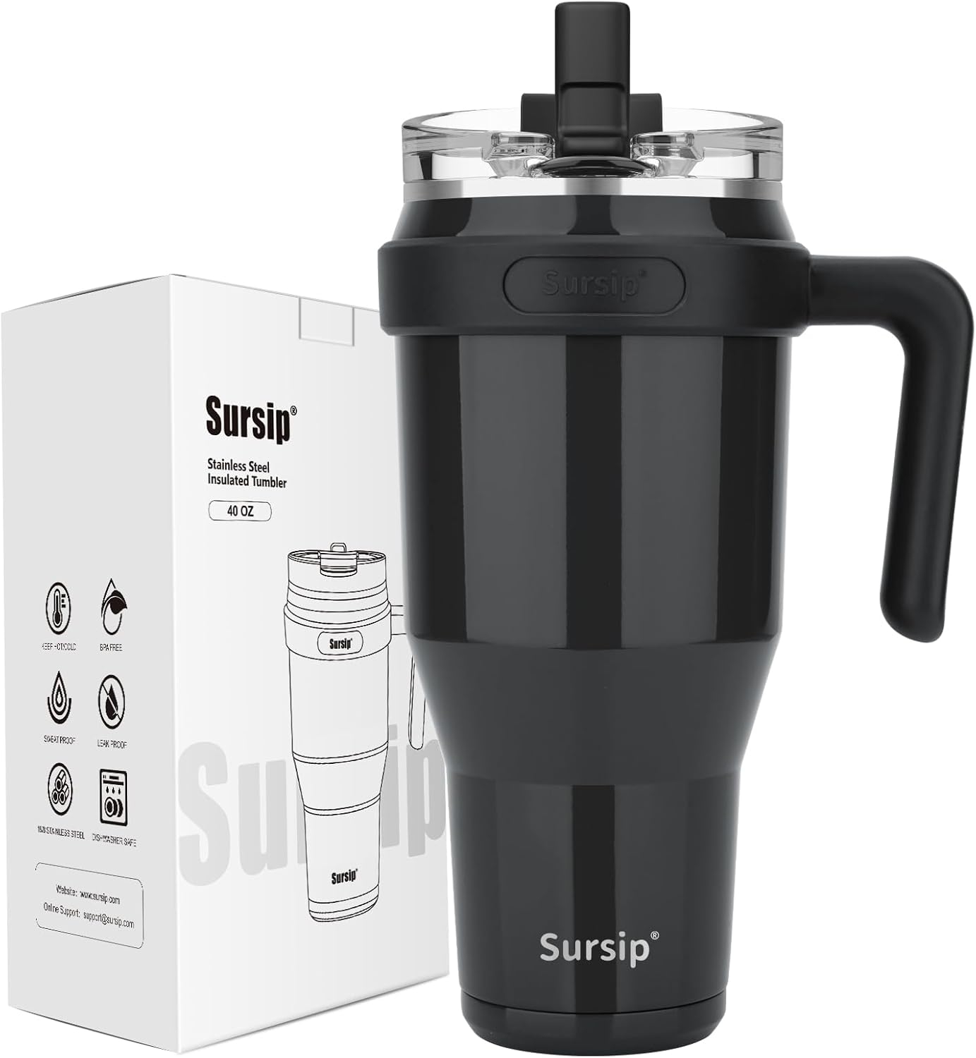 Sursip 50 Oz Stainless Steel Insulated Tumbler with Lid &ndash; Vacuum Mug with Straw & Handle, Leak Proof, Sweat Proof, Fits Car Cup Holder, Perfect for Hot & Cold Beverages, Ideal for Travel & Outdoors