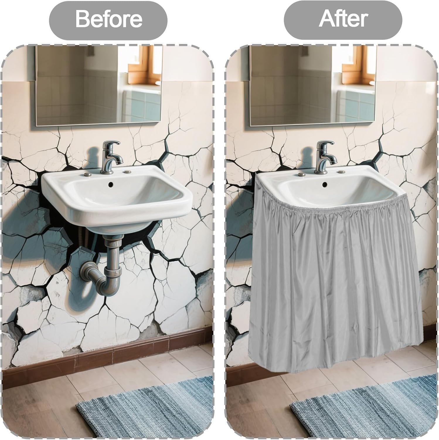 Sink Skirt for Bathroom, 32.7X55.1In Polyester Decorative Sink Curtain Bathroom Waterproof Skirt Curtain Practical Accessories Supplies for Kitchen Laundry Room (Grey) - Grey image number 3