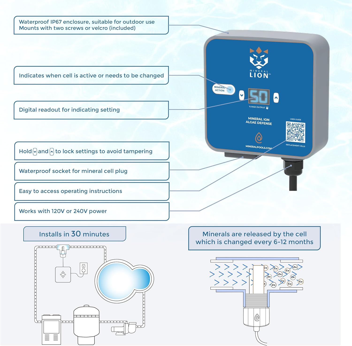 Mineral Lion Pool Ionizer by Clearblue Ionizer - Self-Cleaning, Inline Pool Ionizer Works in All Sun Conditions - Nothing Floating in Your Pool - Installs in 30 Minutes (25,000 Gallons) image number 1