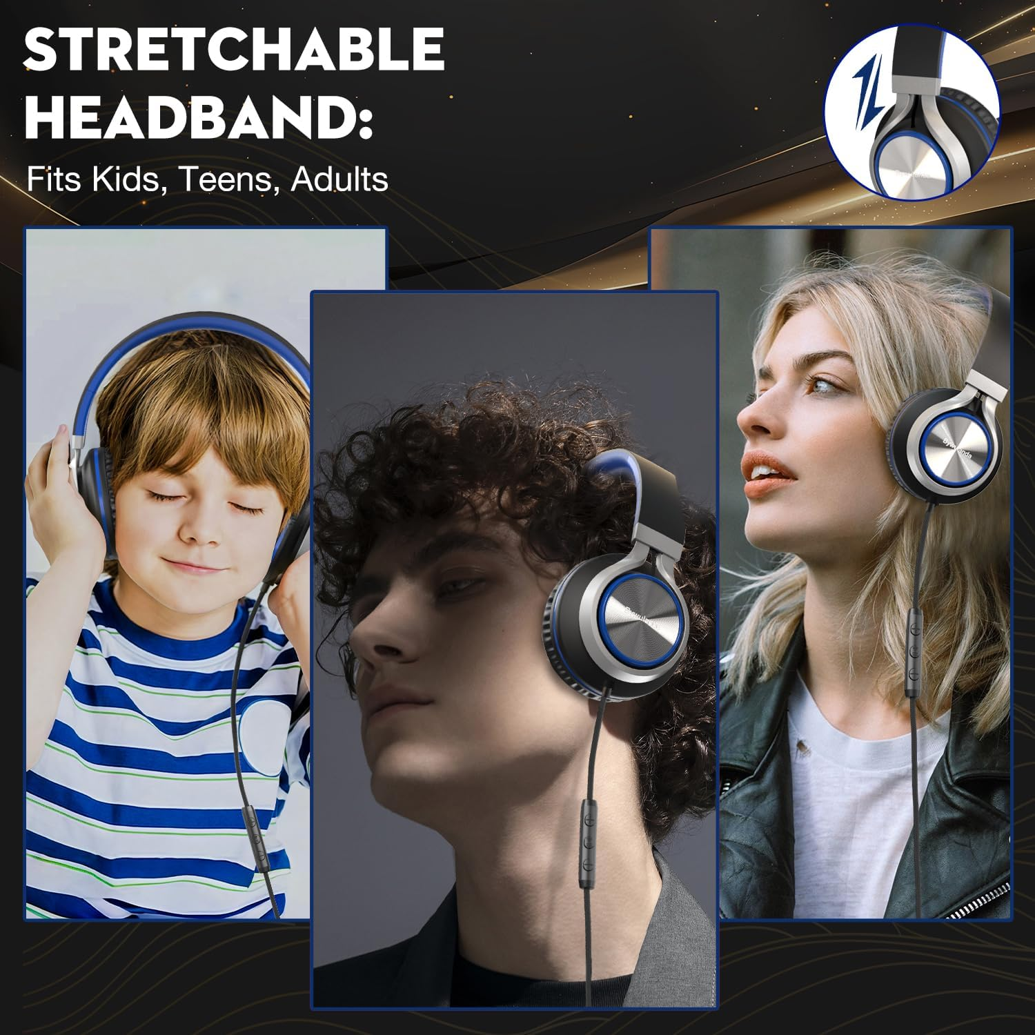 Bywulanda USB C Headphones with Mic and Volume Control, over Ear Stereo Headsets for Iphone 15 16 Pro, Wired Foldable Headphones for Smartphones Chromebook Laptop Tablets Travel (Black/Blue) image number 6