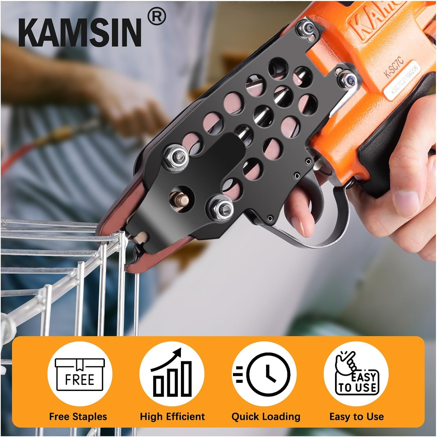 Kamsin K-SC7C 15 Gauge Pneumatic Hog Ring Gun Kit &ndash; 19Mm C Ring Stapler with 1000PCS Staples (4.8Mm Closure) &ndash; Air Powered for Wire Cages, Fencing, Animal Traps image number 2