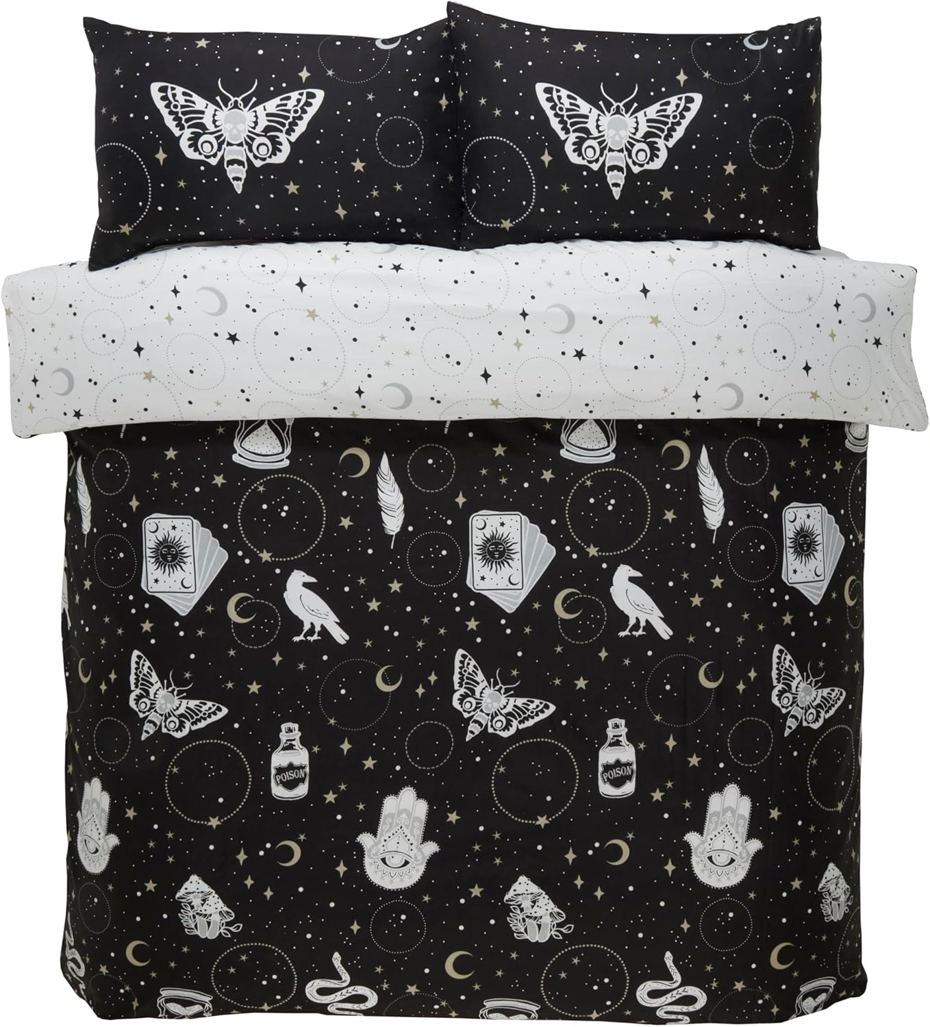Rapport Home Gothic Magic Microfibre Double Duvet Cover Set, Dark Themed Halloween Bedding Set, Reversible Constellation Duvet Set,Black image number 6