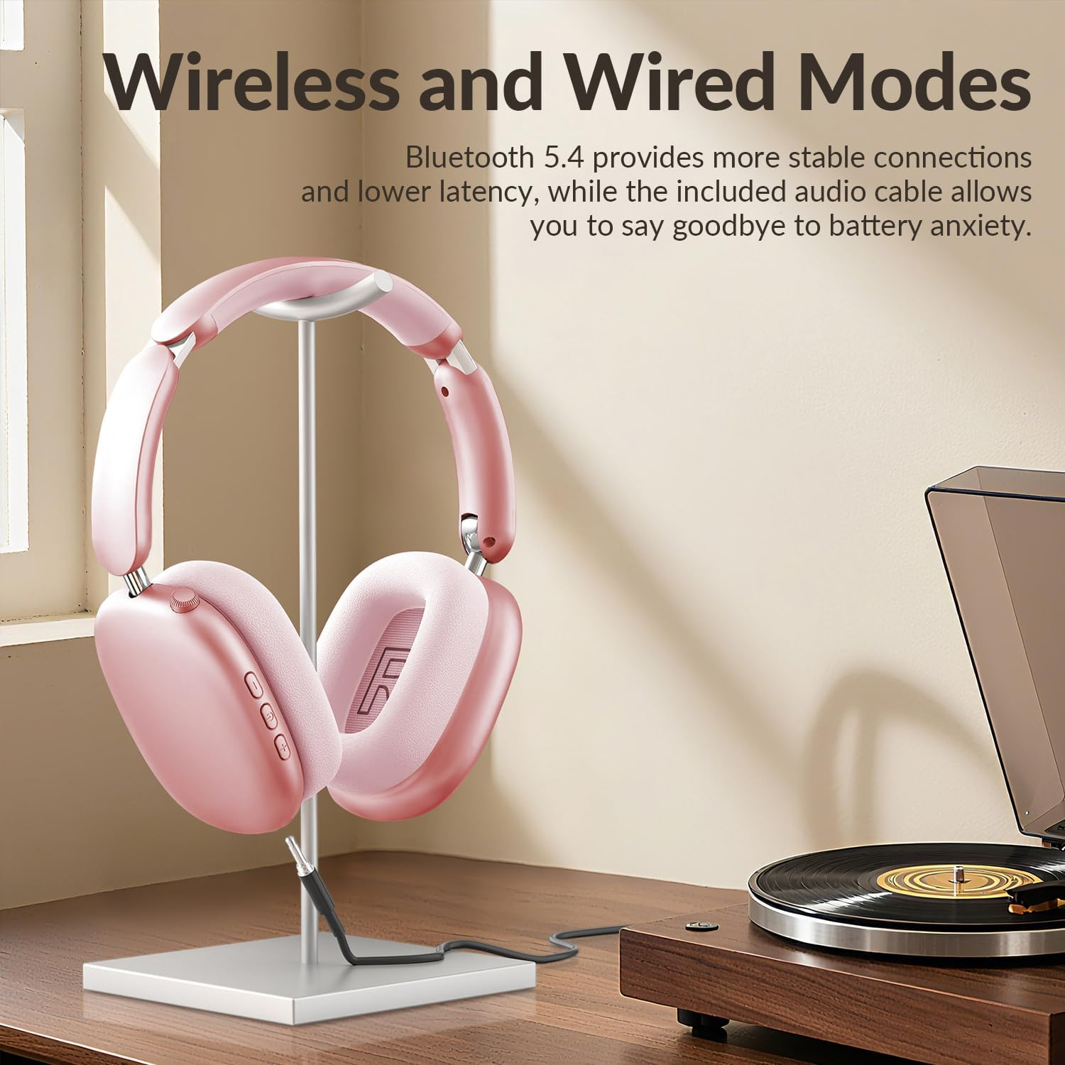 Wentronic Y02 Active Noise Cancelling Headphones,60H Battery,5 EQ Music Modes,Hi-Res Audio,Deep Bass,Foldable Wireless over Ear Bluetooth 5.4 Headset,Breathable Leather Earpads (Pink) image number 5
