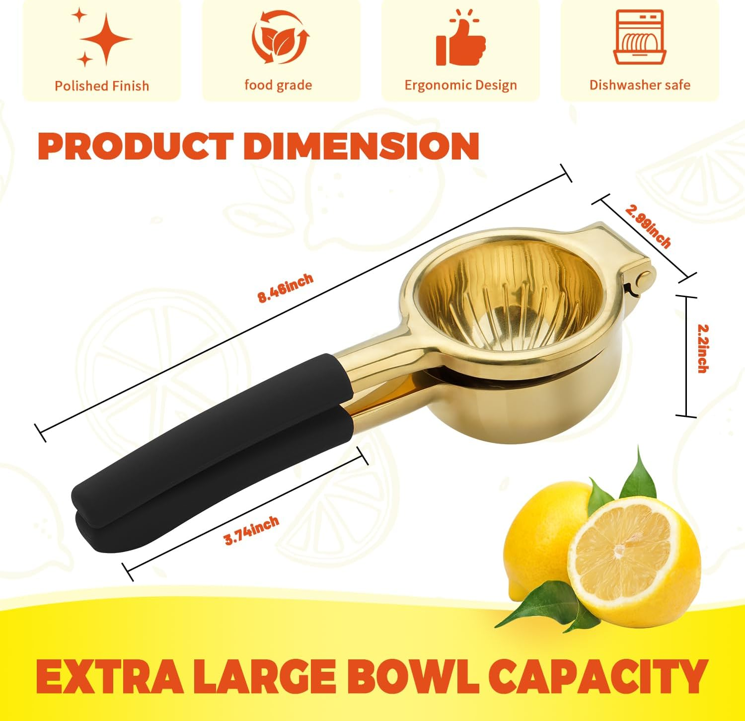 Lemon Squeezer, Large Heavy Duty Handhelp Juicer for Lemon, Stainless Steel Hand Press Citrus Juicer, Lime Squeezer Bar Tool, Manual Citrus Press (Gold & Black) - Gold image number 5