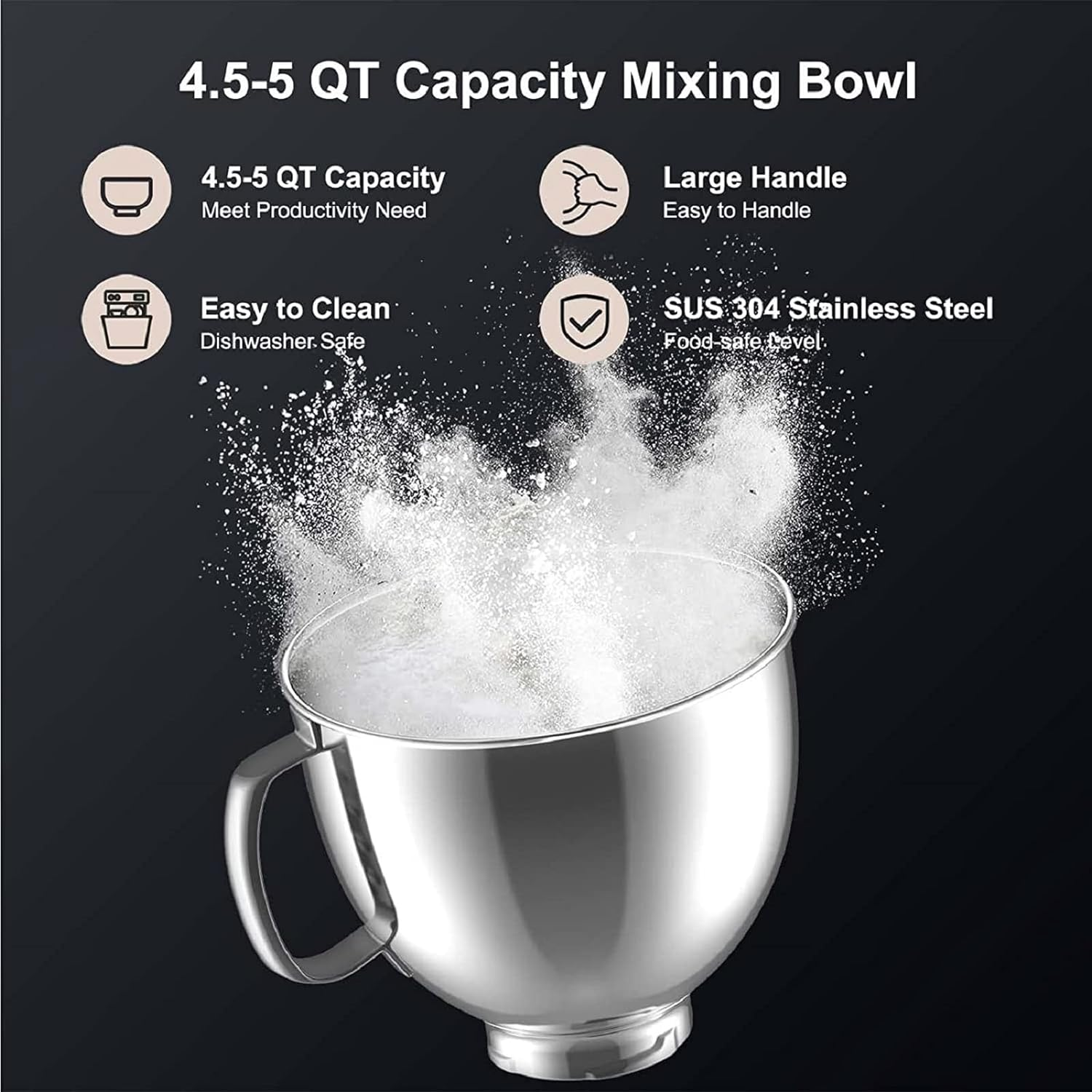 Mixer Bowl, 4.5-5 Quart Stainless Steel Bowl Replacement, Stainless Steel Mixer Attachment for Mixing Bowls, Compatible with Kitchenaid Artisan 5Qt Series and Cassic 4.5Q image number 2