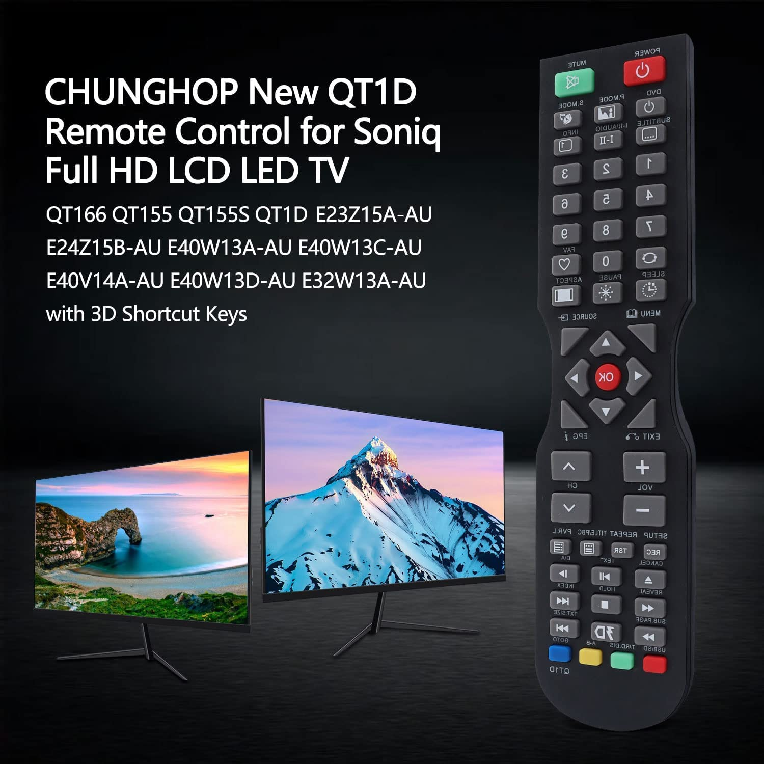 Replacement Remote Control for SONIQ QT1E, QT155, QT166, QT138 &ndash; Compatible with SONIQ TV Models E55V13A, E55V14B with Home Button