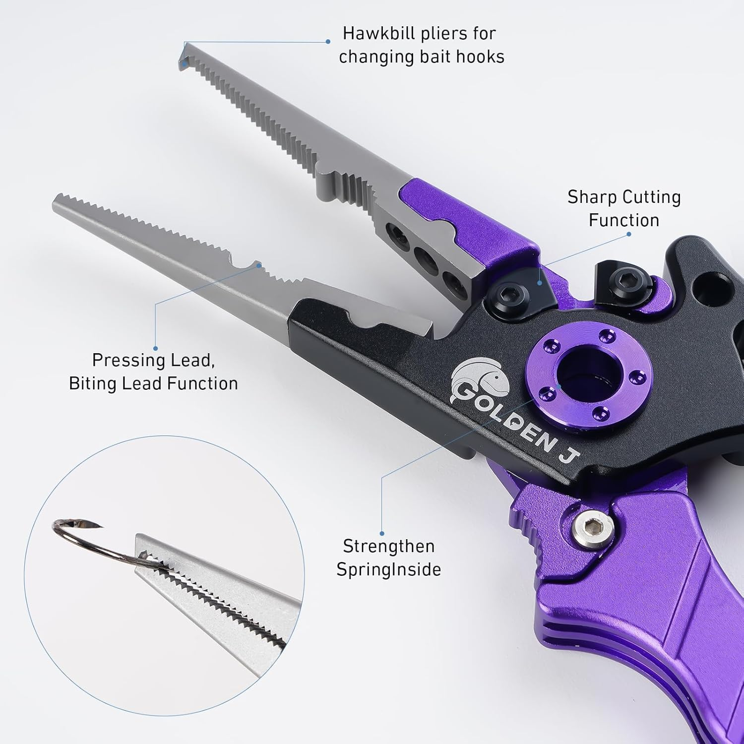 Golden J Fish Lip Gripper & Multi-Function Fishing Pliers Set - High-Strength Aluminum & Stainless Steel, Hook Remover, Split Ring Pliers, Line Cutter, Ideal for Ice, Surf, Lure Fishing image number 5