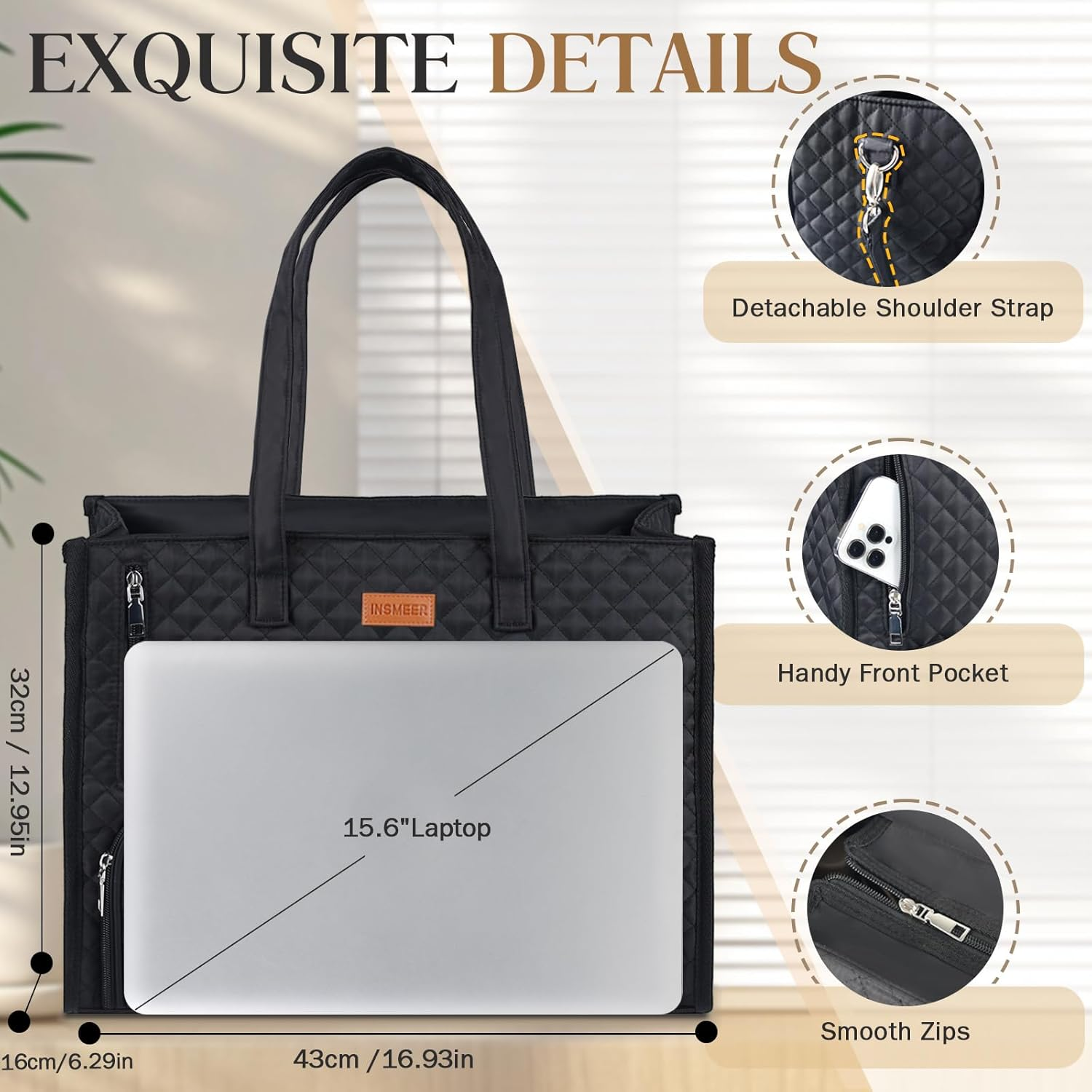 INSMEER Lunch Bag for Women, 22L Large Lunch Tote Bag for Work, Leakproof Lunch Cooler with 15.6 Inch Laptop Compartment, 2-In-1 Tote Bag for Office, Travel, Picnic image number 3