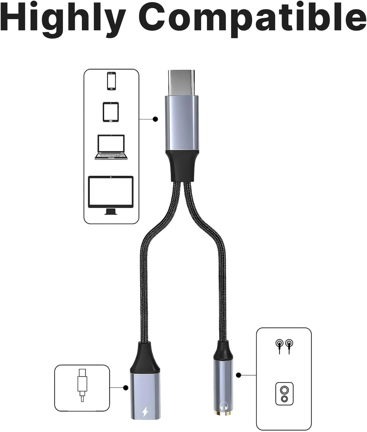 USB C to 3.5Mm Headphone and Charger Adapter, 2-In-1 Type C to Aux Audio Jack Splitter with PD 60W Fast Charging, Compatible with Samsung S22/S21, Note20, Pixel 6, Ipad Pro, Compact Design, Grey image number 2