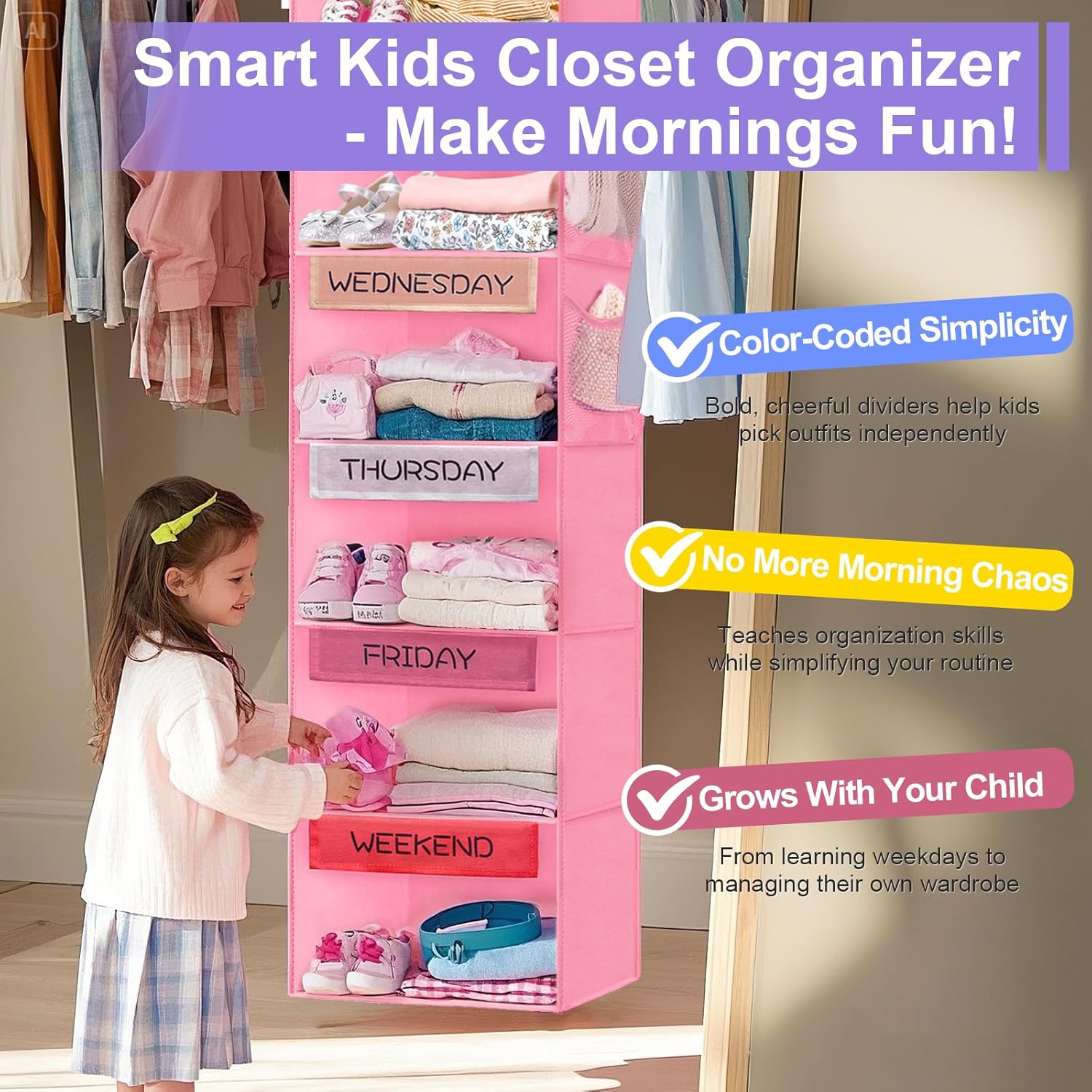 Weekly Clothes Organizer for Kids, 6-Shelf Hanging Closet Organizer with 2 Side Pockets, Days of the Week Clothes Organizer, with Labeled Days of the Week Monday through Friday, Weekday and Weekend image number 3