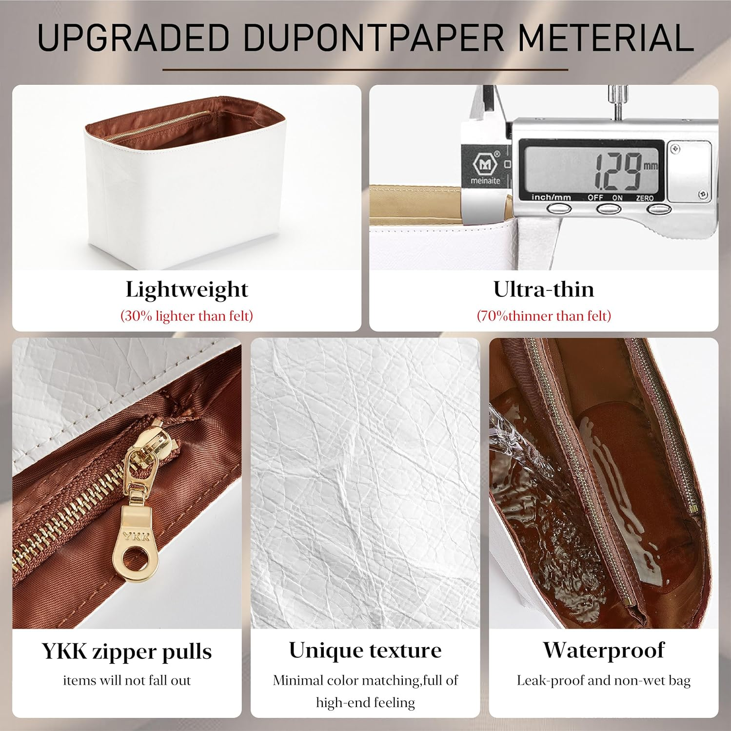 Doxo Purse Organizer Insert for Coach City Tote 30, Lightweight Tote Bag Organizer with Keychain, 9 Pockets Bag Insert with Cup Holder Zippered Section, Handbag Organizer Storage Divider (White Brown) image number 3