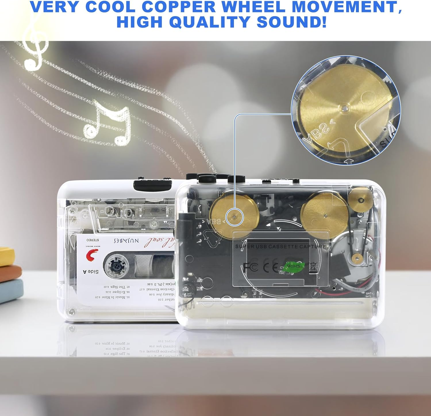 Walkman Auto Reverse ＆Clear Stereo Cassette Player,Built-In Cool Copper Wheel Movement＆Earphone,Cassette Tape to MP3 Converter with Tape Converter Software,Powered by USB Power Cord or AA Battery image number 6
