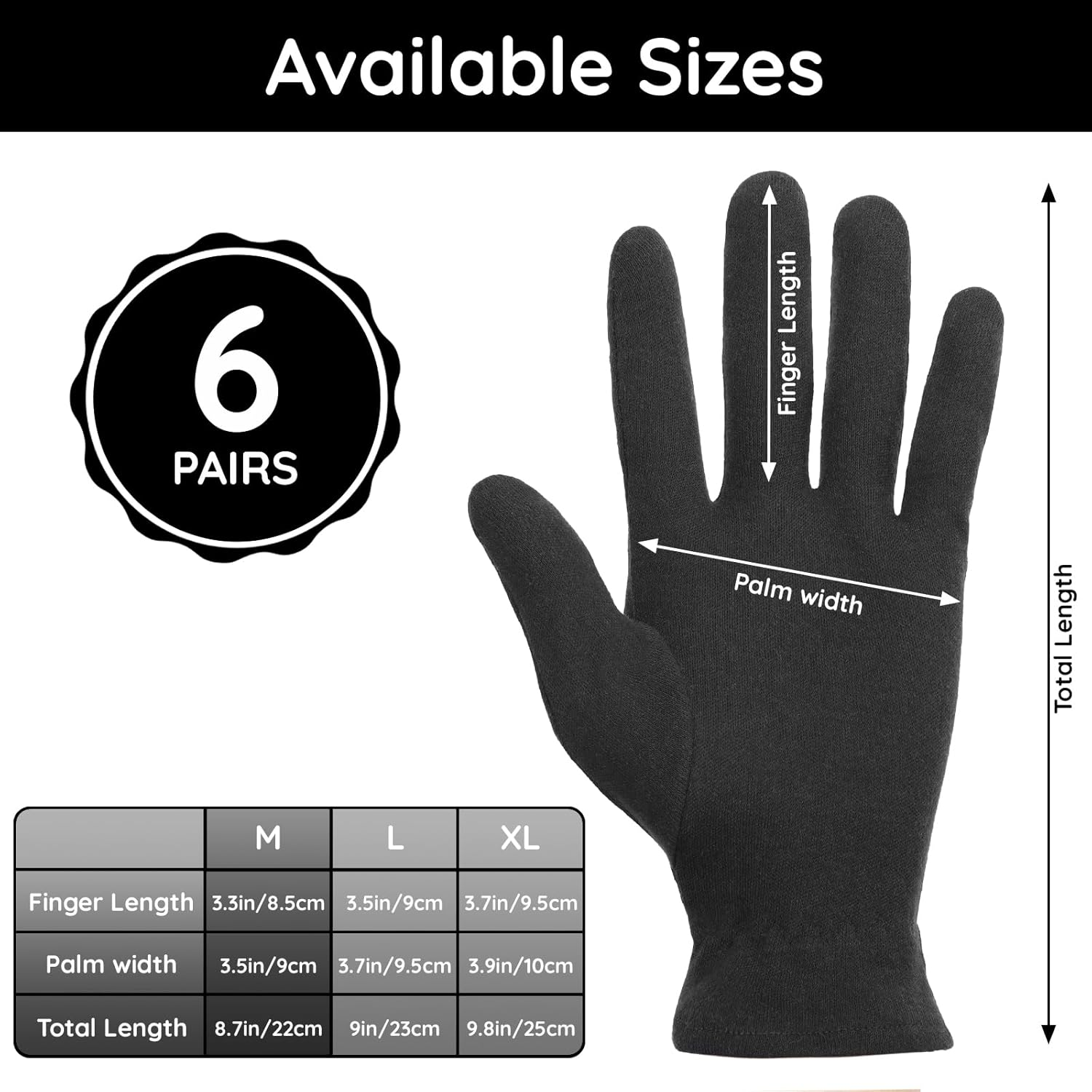 Segbeauty 12 Counts Elastic Black Cotton Gloves for Women, 6 Pairs Sleeping Moisturizing Cotton Gloves for Men with Elastic Band, Hand Spa Moisture Glove for Dry Hands Overnight, Sleep Lotion Glove image number 3
