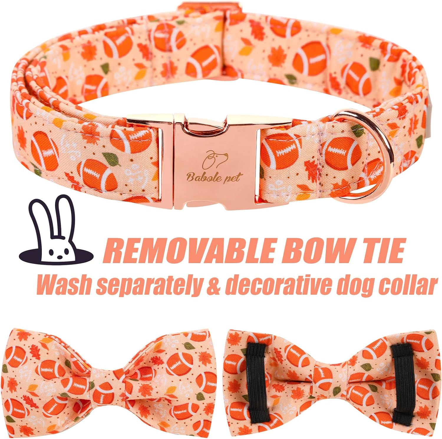 Babole Pet Fall Boy Dog Collar Bow Tie,Orange Maple Leafs Rugby Dog Collar with Safety Metal Buckle Adjustable Thick Puppy Collars for Small Medium Large Dog,X-Large, Neck 16"-26"
