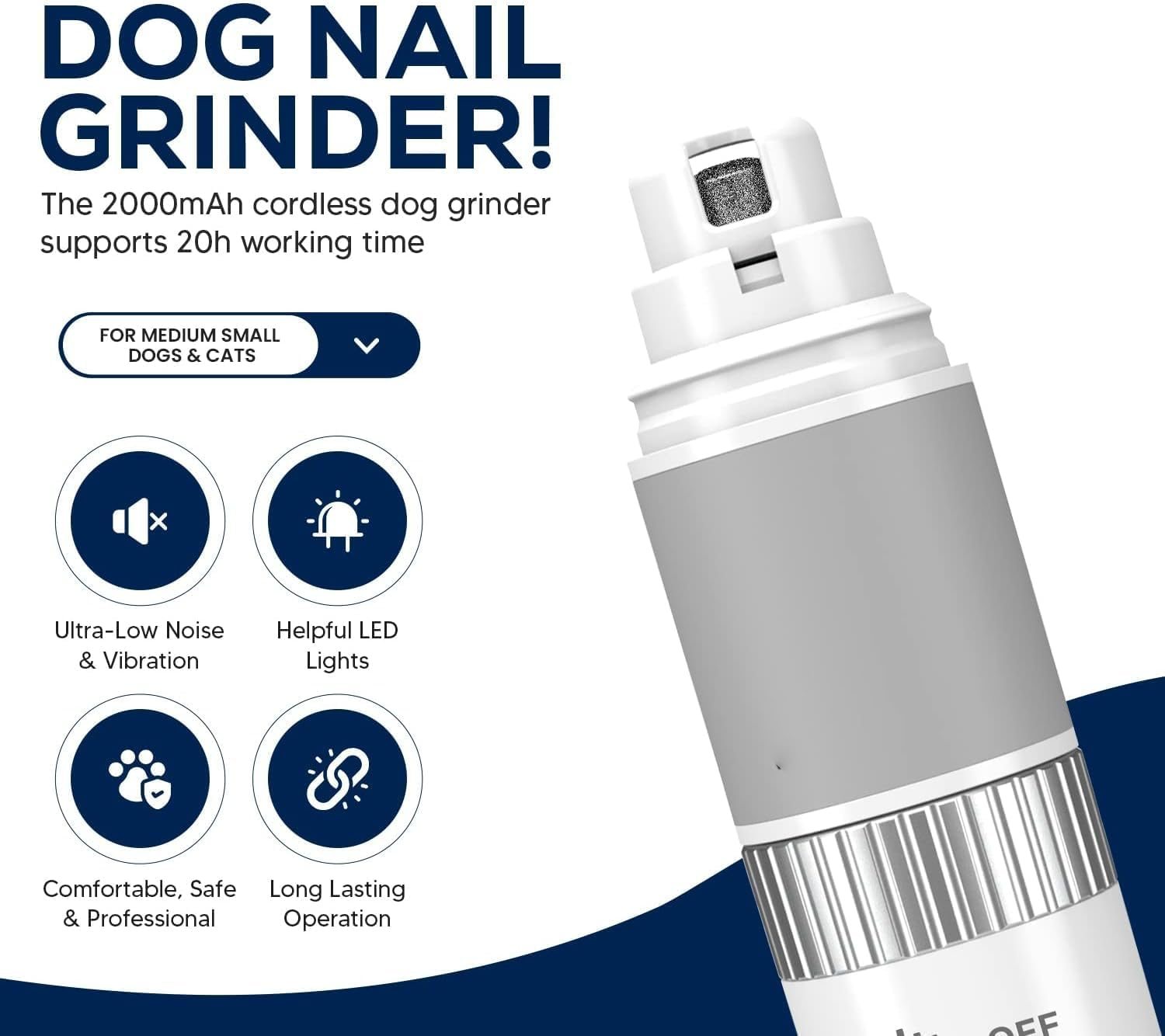 Cordless Dog/Cat/Pet Nail Grinder Set, Quiet Low Noise for Large Medium Small Dogs and Cats, Powerful Variable Speed Motor Rechargeable Pet Claw Trimmer with an Extra Diamond Bit, Clipper and File image number 5