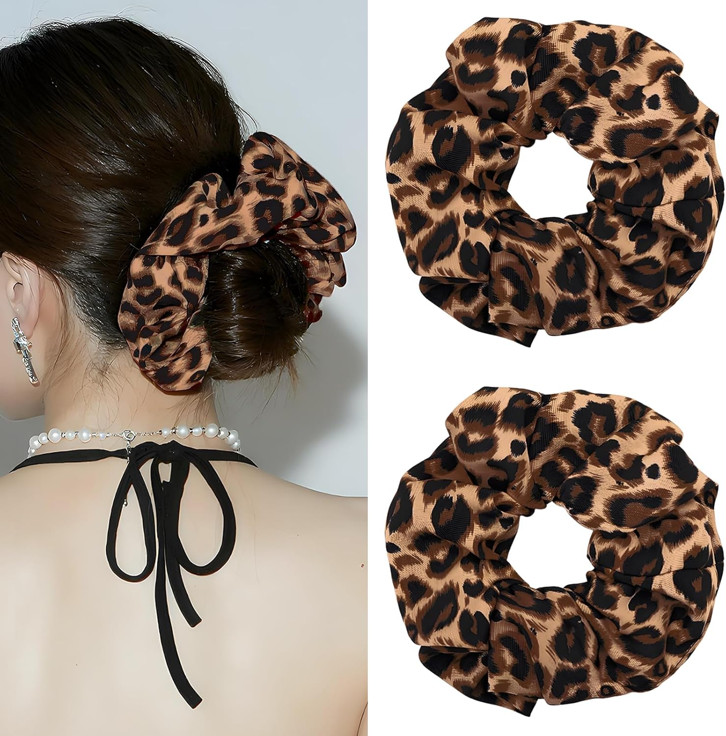PUSCOBSY Leopard Print Hair Scrunchies for Women, Fabric Hair Bobbles Scrunchie without Hair Breakage, Large Leo Scrunchies for Thick Hair, Thin Hair, Pack of 2 Brown Leopard image number 2