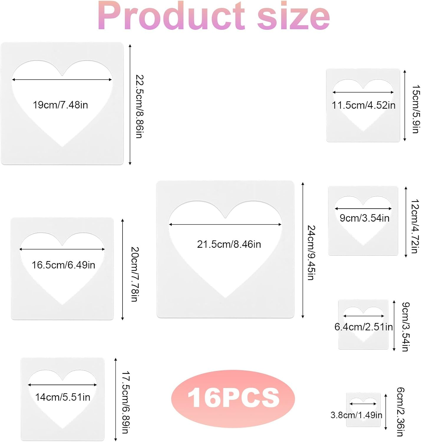 16Pcs Large Heart Stencils, Different Sizes Heart Template for Painting Plastic Reusable Heart Shaped Stencil Template for Fabric Walls Arts Paper Home Decoration image number 1