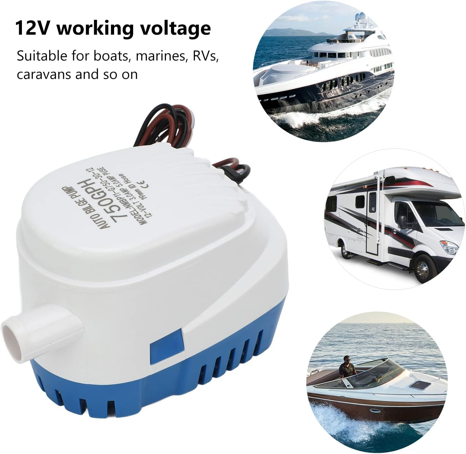 Boat Blige Water Pump, High Efficiency 12V 19Mm ID Good Sealing Automatic Submersible Electric Bilge Pump for Boats, Rvs, Caravans image number 2