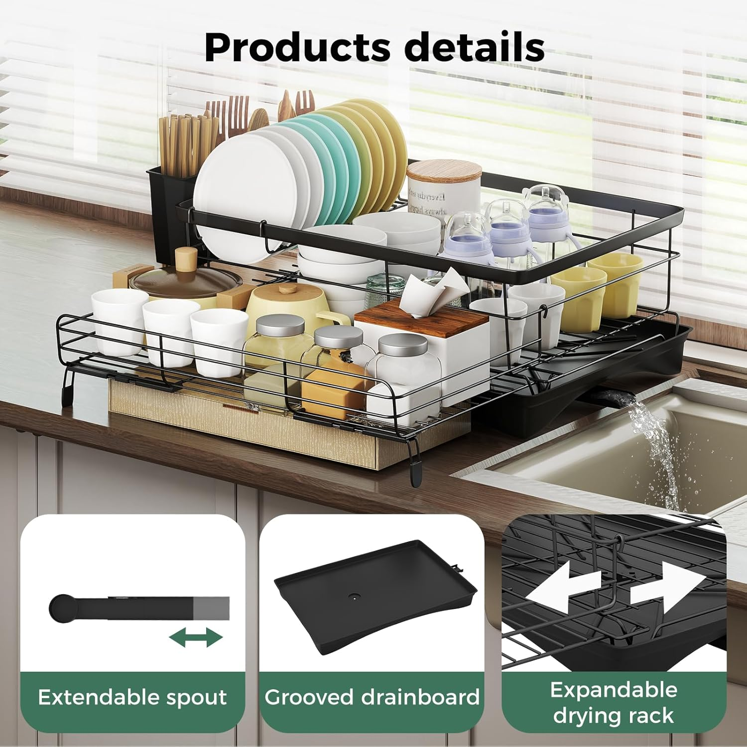 Toque Expandable Dish Drying Rack with Cutlery Holder, Anti-Rust Black Dish Racks for Kitchen Counter,Durable Coated Steel Dish Drainers for Kitchen Counter,Over the Sink Drying Rack(42 X 28 X 15CM) image number 4