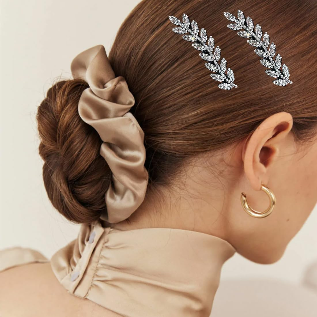 ROKZELT 2 Pieces Elegant Women Hair Clip Wedding Silver Hair Clips Wedding Bridal Leaf Hair Clips with Artificial Crystals image number 2