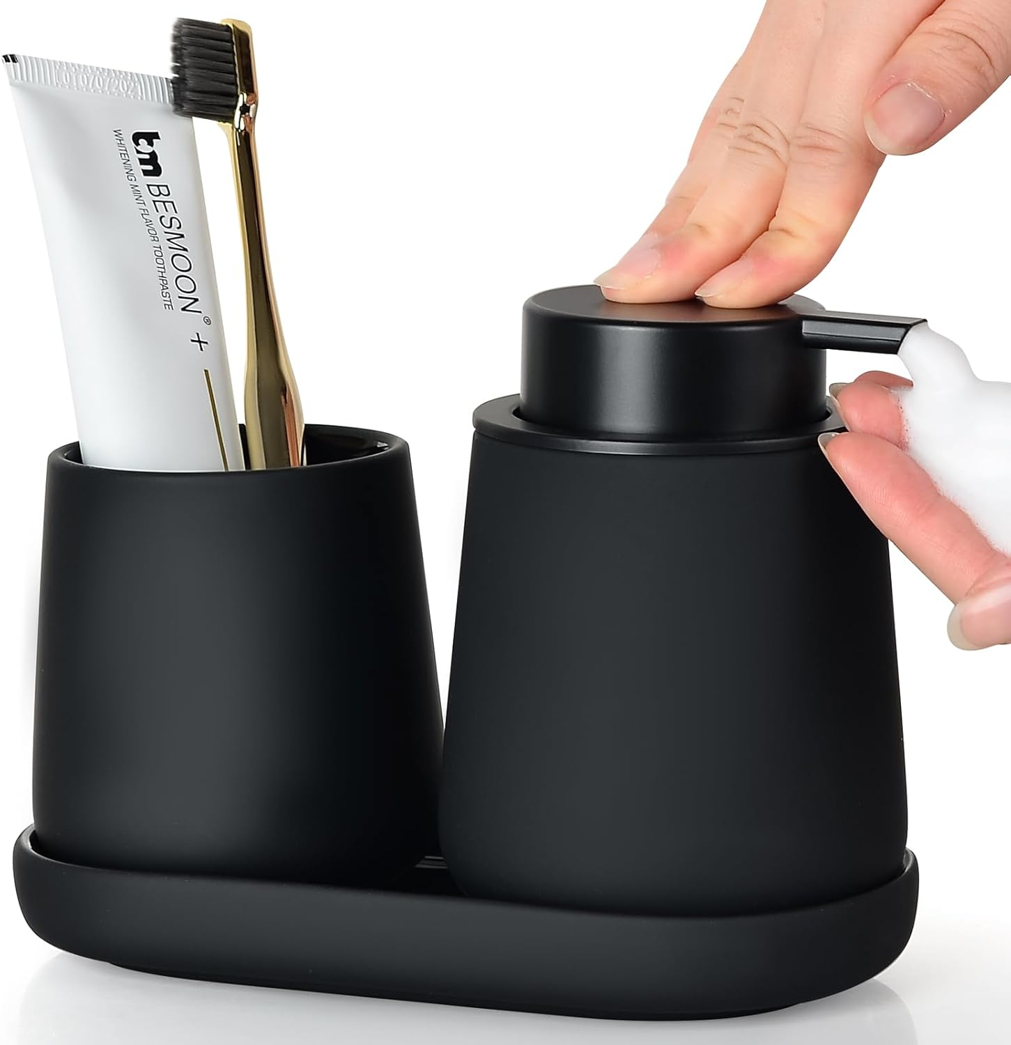 Umlaca Black Bathroom Accessories Set 3 Pcs - Ceramic Foaming Bathroom Soap Dispenser Set Farmhouse Black Bathroom Decor, Soap Dispenser and Toothbrush Holder/Tumbler Cup, Tray