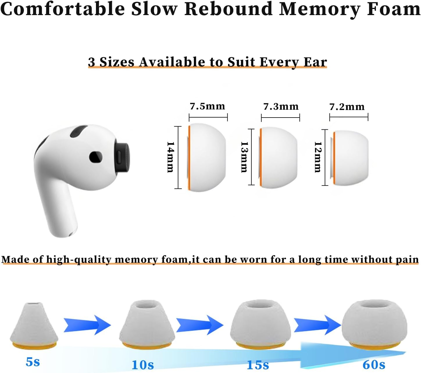 3 Pairs Memory Foam Eartips for Airpods Pro 3 (3Rd Generation 2025) Silicone Outer Cover, Pro3 Replacement Earbud Ear Tips with Storage Box,Silicone Memory Foam Ear Tips for Airpods Pro3 -Black/Orange image number 4