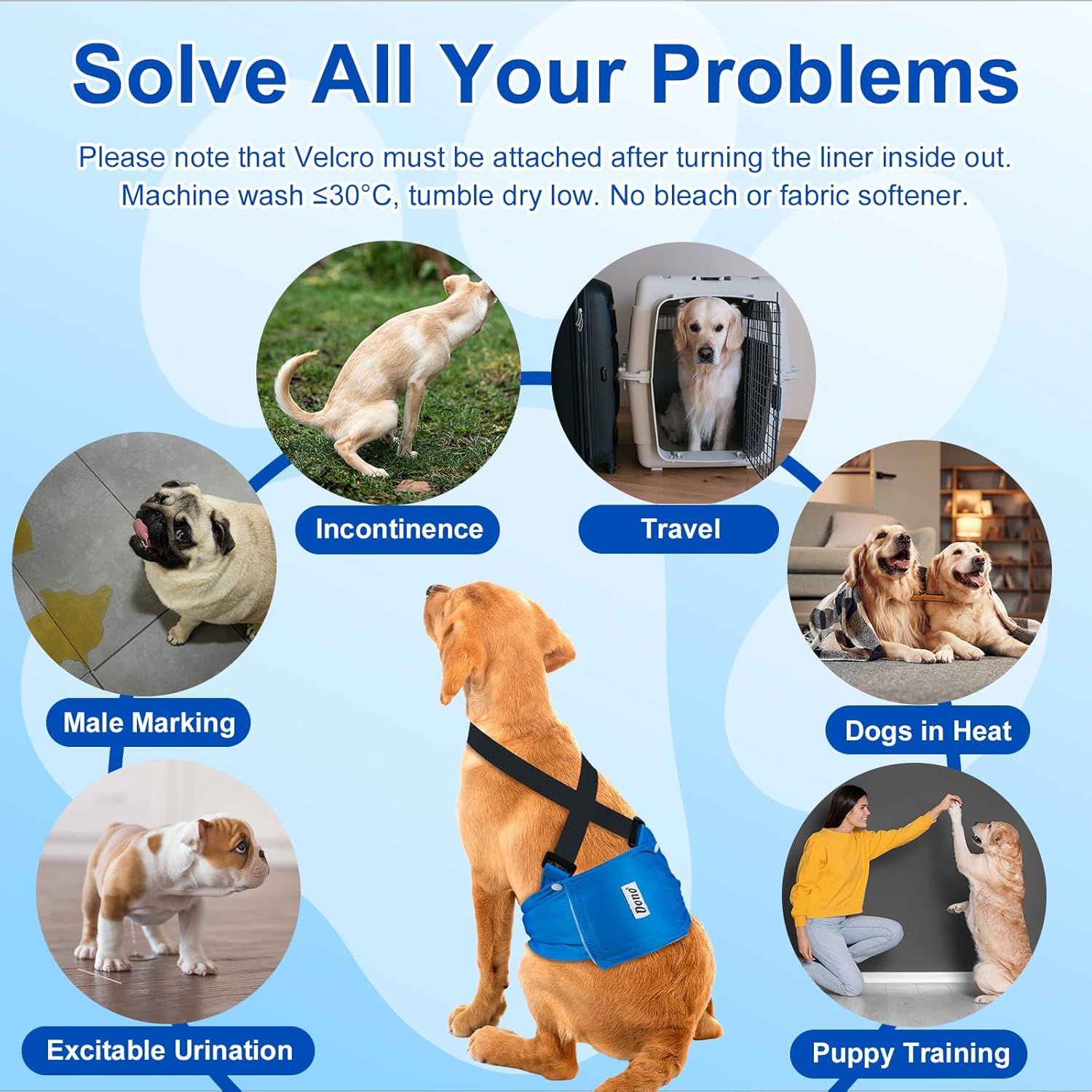 Dono Washable Belly Bands for Male Dogs 3 Pack, Reusable Dog Diapers Male, Super-Absorbent Doggie Puppy Male Wraps, Blue Black Gray, Large image number 6