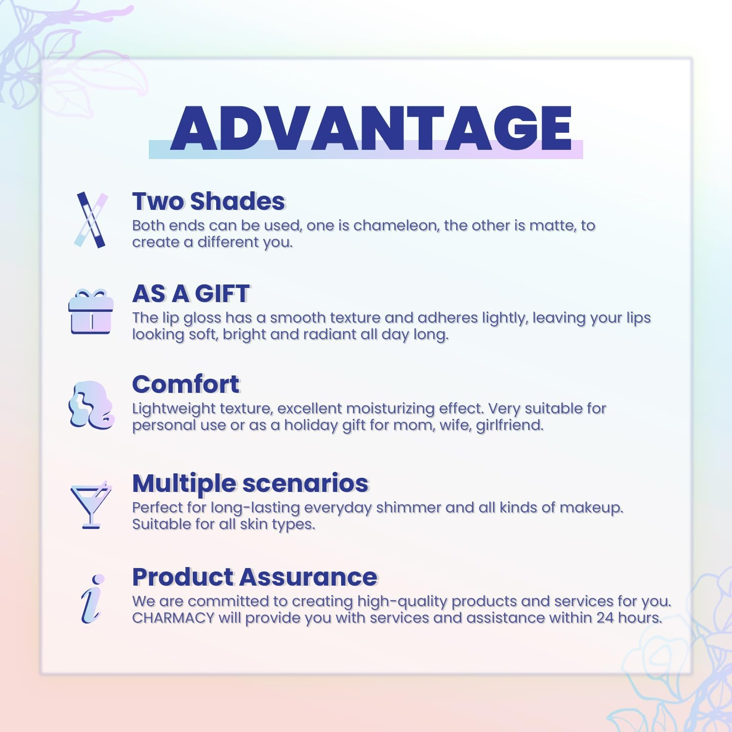 CHARMACY 2 in 1 Multichrome Moisturizing Lip Gloss, Double Head Liquid Lipstick, Mirror Waterproof Long Lasting No Fading Lip Balm, Hydrating Lip Plumper Waterlight Glossy Makeup #002 image number 4