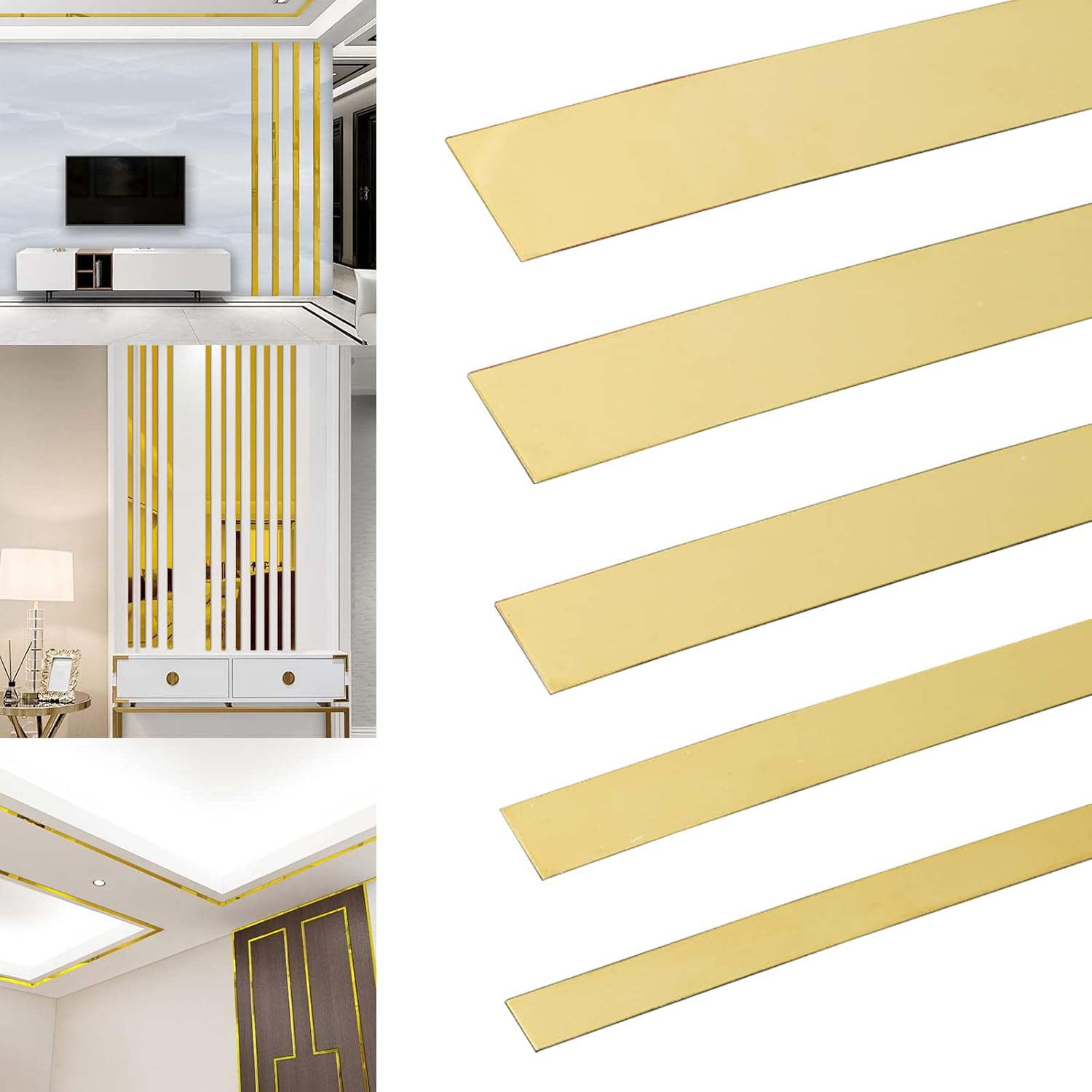 16FT Gold Wall Trim Molding Stainless Steel Wall Tape Peel and Stick Metal Trim Self Adhesive Wallpaper Strip Metalized Mirror-Like Finish for Wall Ceiling Mirror Frame Border Edge Trim