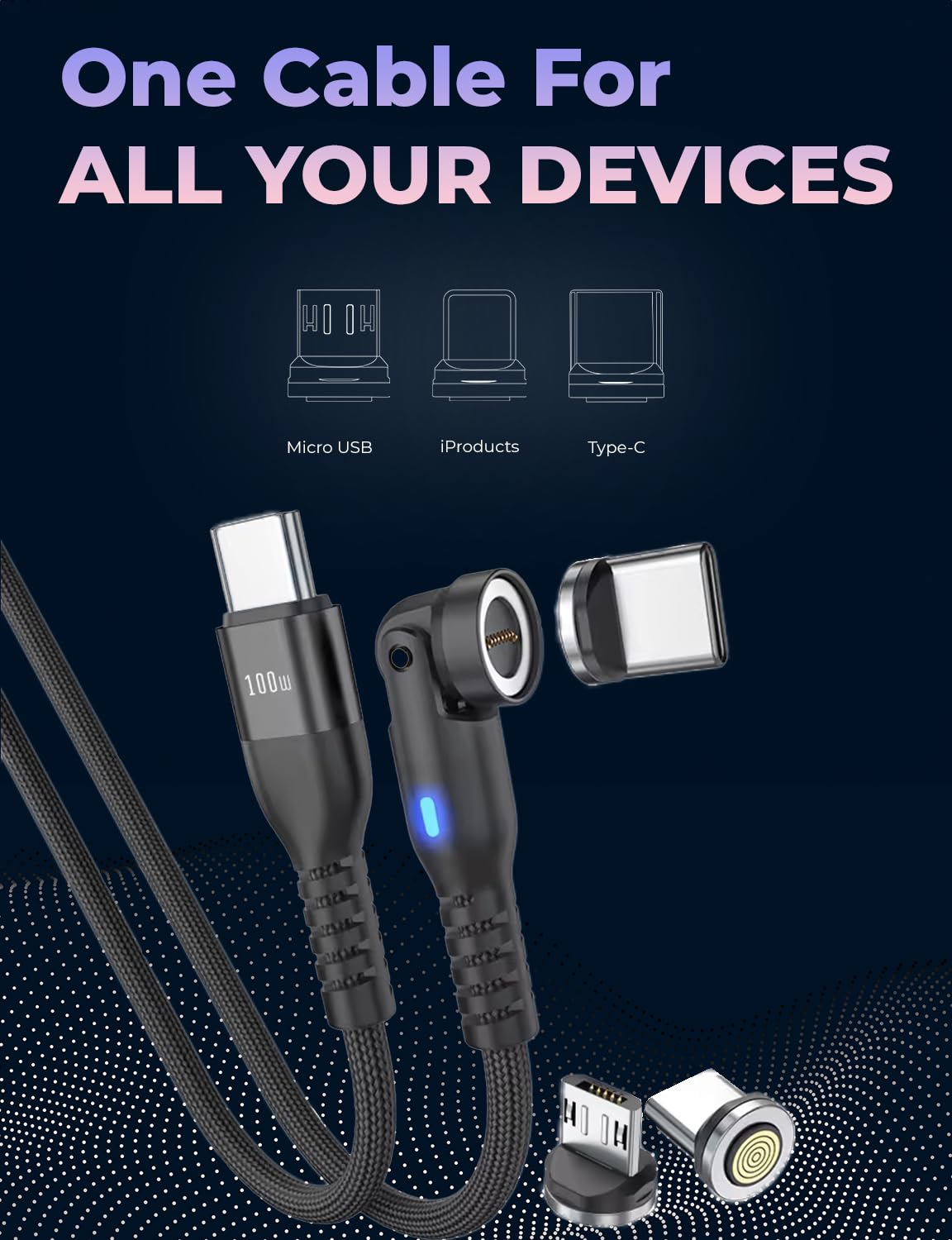 Magnilink 360 PRO 100W Magnetic USB C Phone Charger (Pack of 2) - 6 in 1 Magnet Charging Cable Fast Charging & Data - Works with I-Products, Type-C and Micro USB (Onyx Black) image number 2